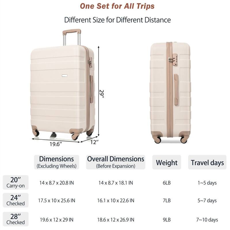 One Set for All Trips  
Different Size for Different Distance  

Dimensions (Excluding Wheels) | Overall Dimensions (Before Expansion) | Weight | Travel days  
--- | --- | --- | ---  
20" Carry-on | 14 x 8.7 x 20.8 IN | 14 x 8.7 x 18.1 IN | 6LB | 1~5 days  
24" Checked | 17.5 x 10 x 25.6 IN | 16.1 x 10 x 22.6 IN | 7LB | 5~7 days  
28" Checked | 19.6 x 12 x 29 IN | 18.6 x 12 x 26.9 IN | 9LB | 7~10 days