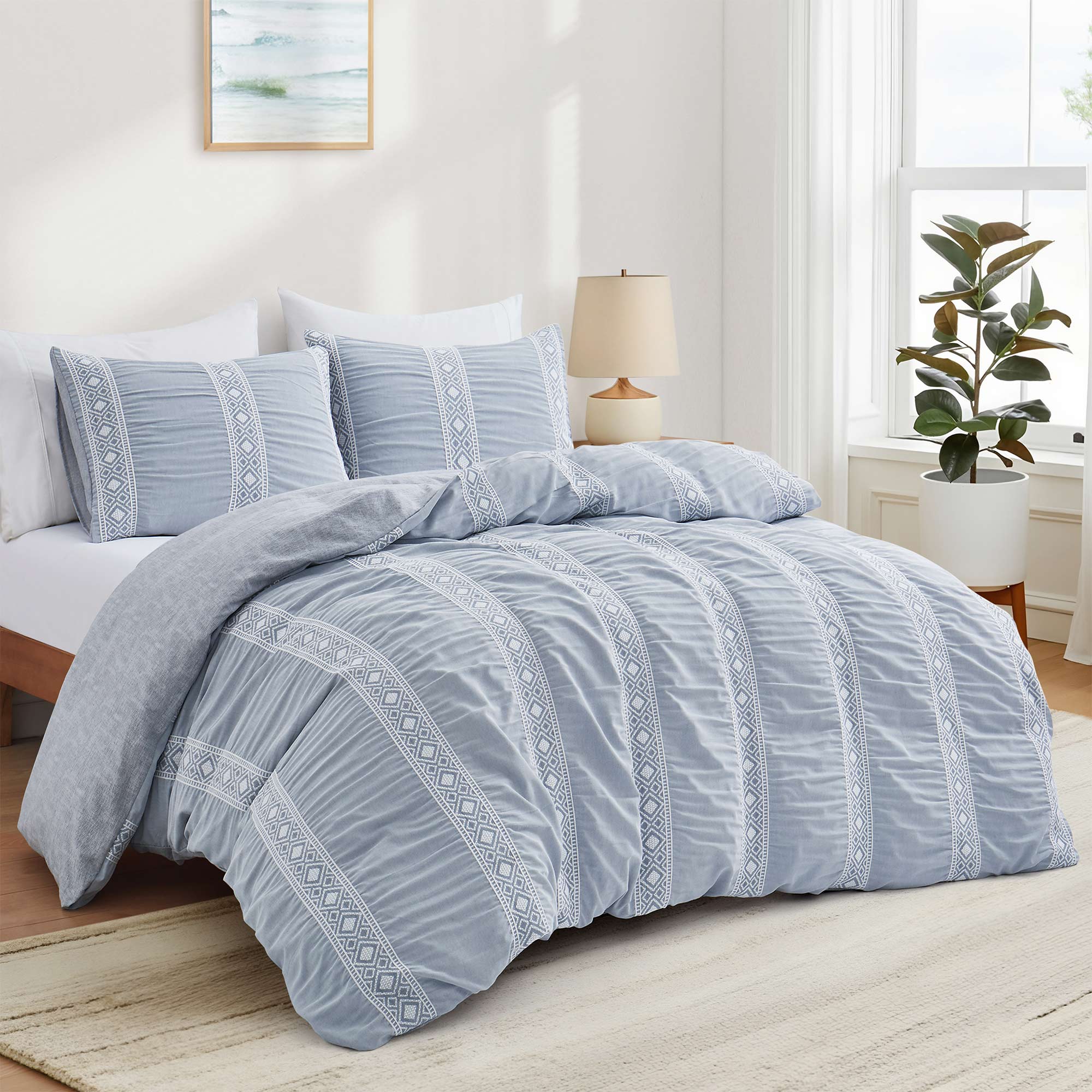 Angle. Peace Nest - Peace Nest Textured Geometric Duvet Cover Set with Pillowcases for All Season, Blue, Full/Queen - Blue.