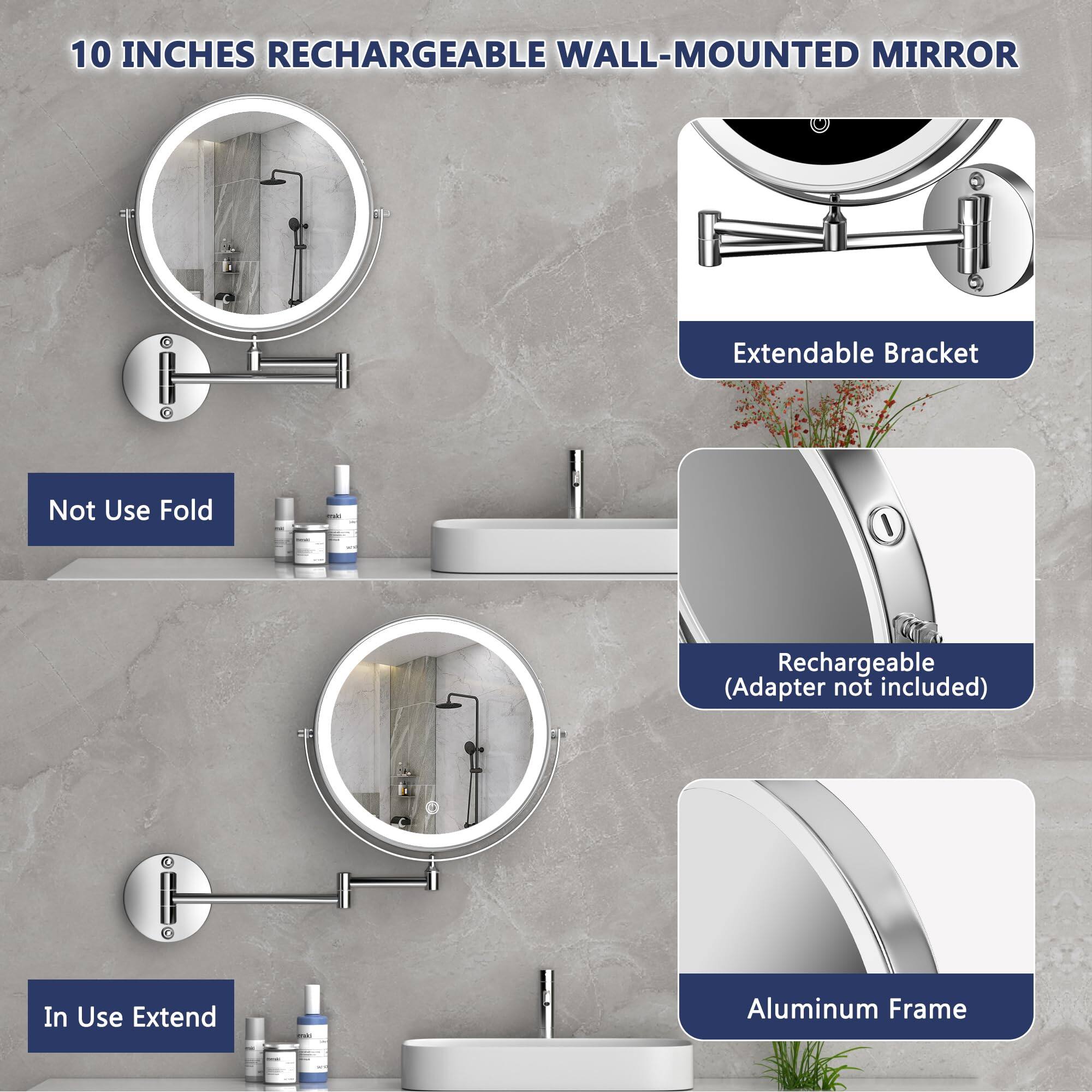 10 INCHES RECHARGEABLE WALL-MOUNTED MIRROR

- Extendable Bracket
- Not Use Fold
- In Use Extend
- Rechargeable (Adapter not included)
- Aluminum Frame