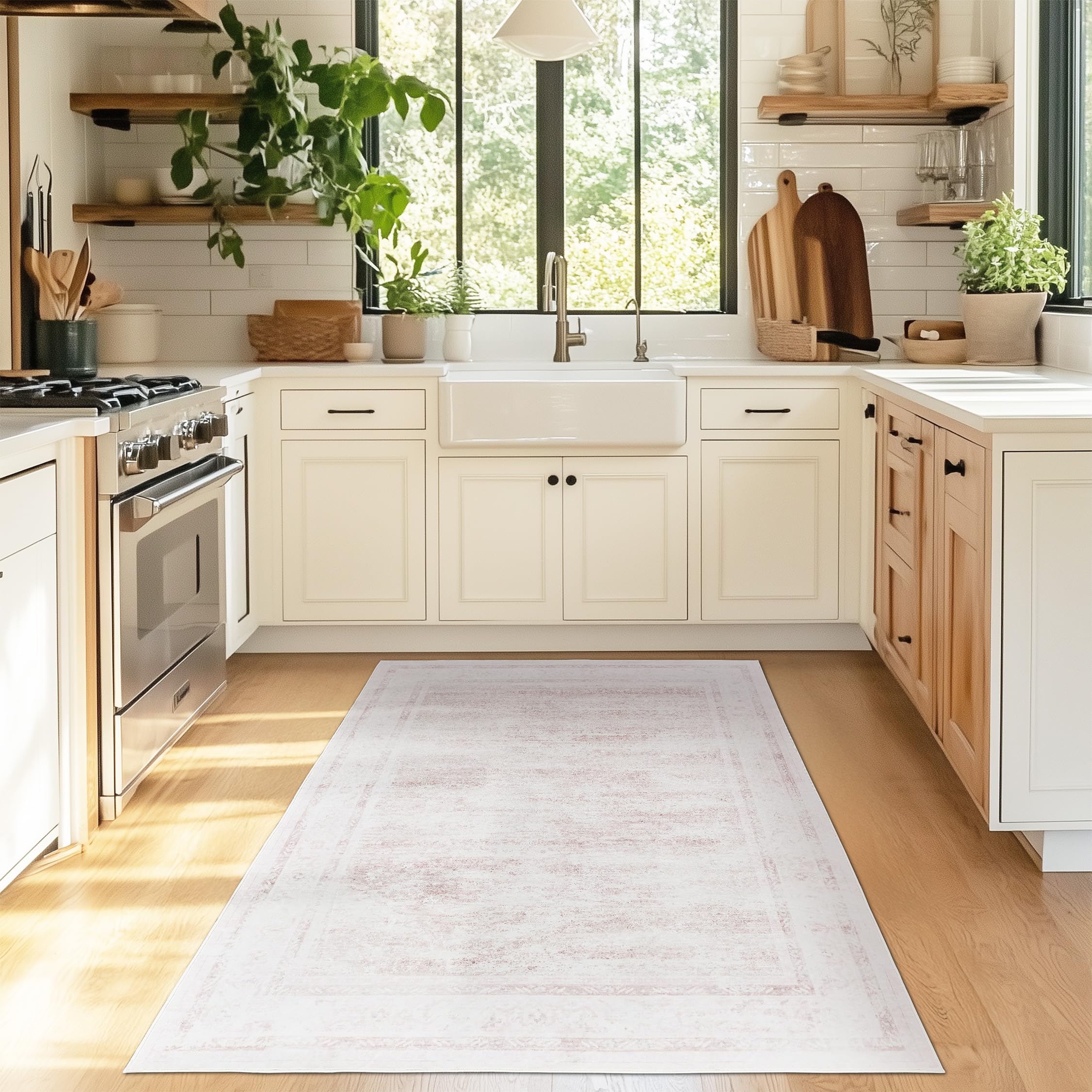 Fabibe - 5X7 GREEN Machine Washable Indoor AREA BOHO INDOOR MACHINE WASHABLE, NON-SLIP, LOW PILE FOR LIVING ROOM, BEDROOM - Light Pink 4' x 6' (Rectangular)