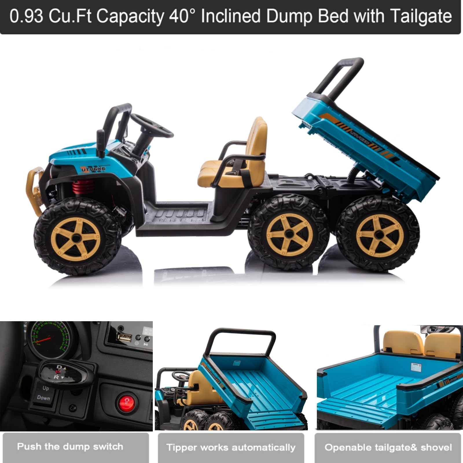 0.93 Cu.Ft Capacity 40° Inclined Dump Bed with Tailgate

- Push the dump switch
- Tipper works automatically
- Openable tailgate & shovel