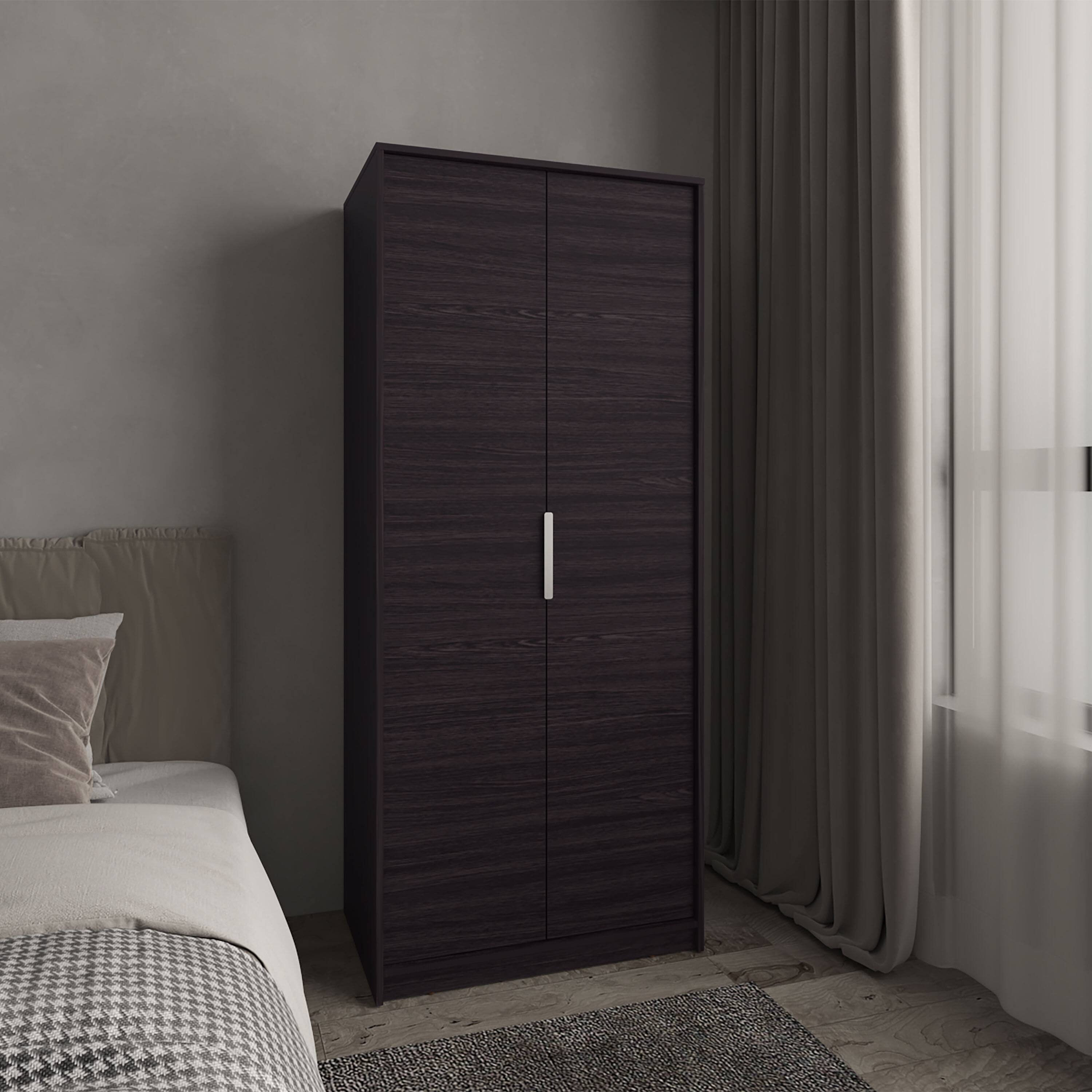 Left. TuHome - Wenden Armoire Double Doors, Hanging Rod And Interior Shelves, Freestanding Modern Wardrobe - Black.