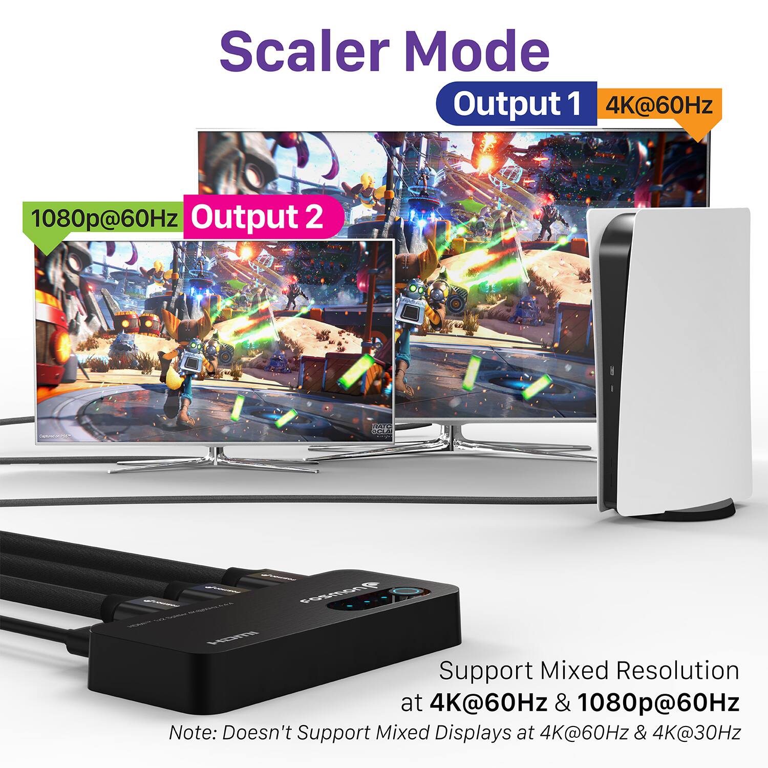 Scaler Mode
Output 1 4K@60Hz
Output 2 1080p@60Hz
Support Mixed Resolution at 4K@60Hz & 1080p@60Hz
Note: Doesn't Support Mixed Displays at 4K@60Hz & 4K@30Hz