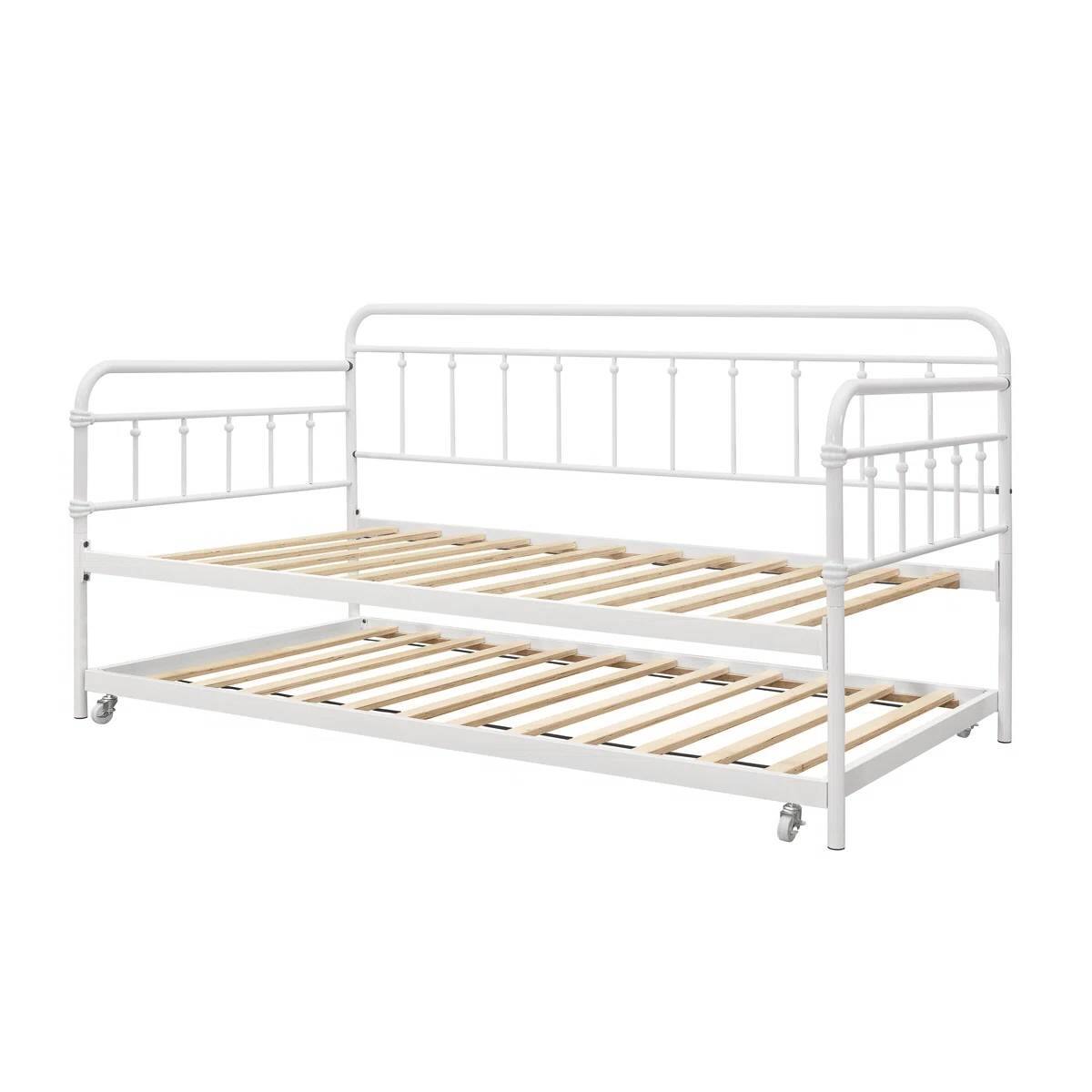 Back. Hivvago - Twin size Traditional White Rounded Iron Daybed with Roll Out Trundle Bed Frame - White.