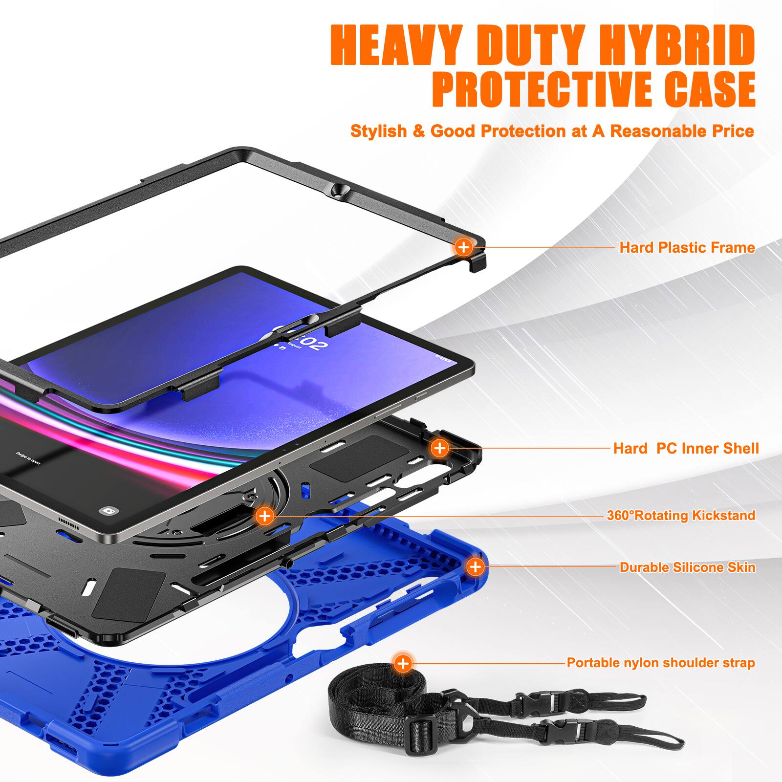 HEAVY DUTY HYBRID PROTECTIVE CASE  
Stylish & Good Protection at A Reasonable Price

- Hard Plastic Frame
- Hard PC Inner Shell
- 360°Rotating Kickstand
- Durable Silicone Skin
- Portable nylon shoulder strap