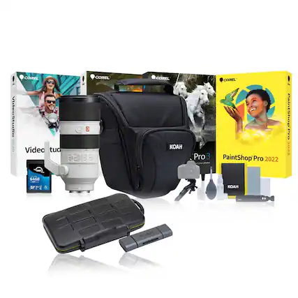 - VideoStudio 2020
- COREL PaintShop Pro 2022
- KOAH Pro 3
- 64GB SD Card
- KOAH Camera Lens
- KOAH Camera Bag
- KOAH Camera Accessories (including cleaning tools and screen protector)
- KOAH Portable Charger