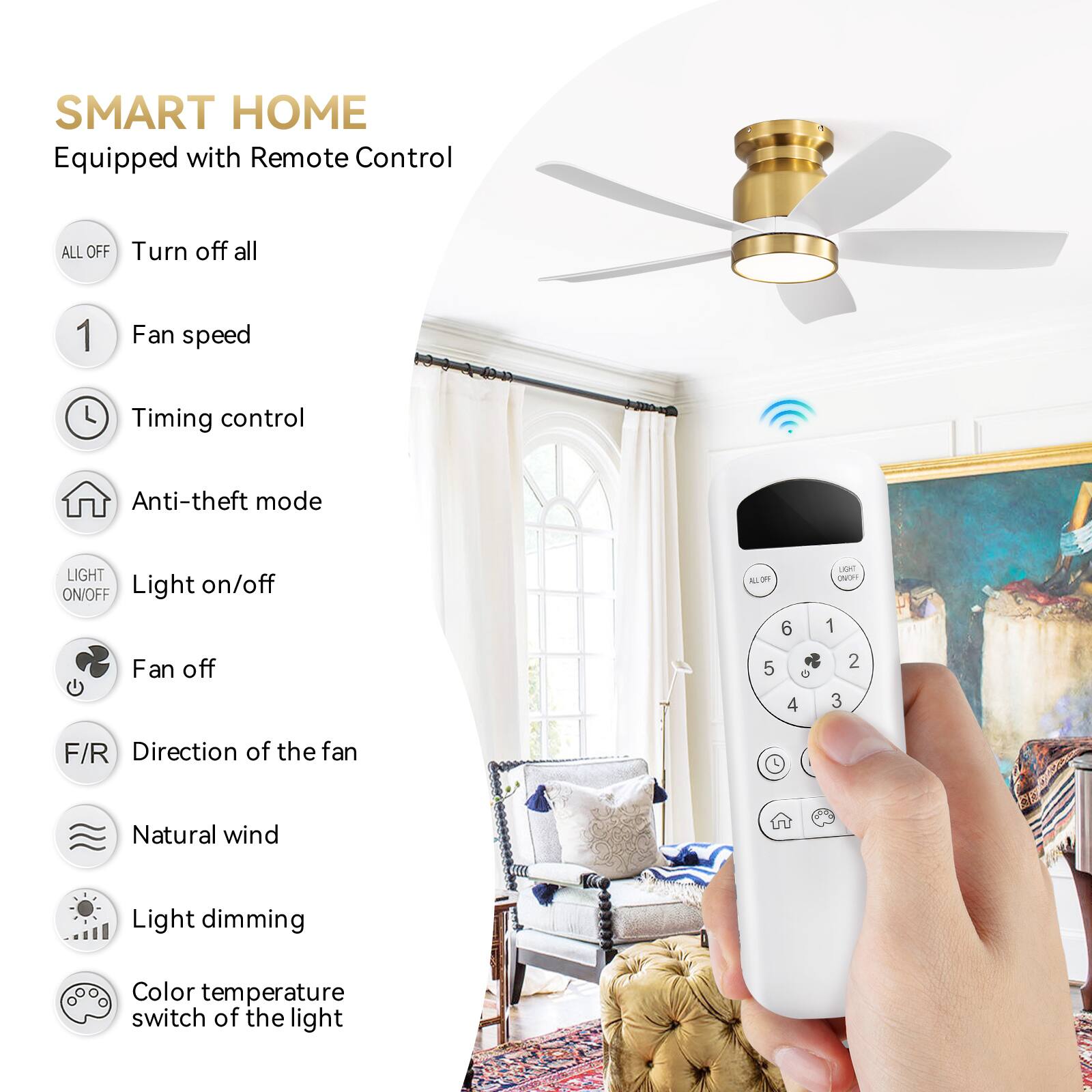 SMART HOME  
Equipped with Remote Control  

- ALL OFF: Turn off all  
- 1: Fan speed  
- Timing control  
- Anti-theft mode  
- LIGHT ON/OFF: Light on/off  
- Fan off  
- F/R: Direction of the fan  
- Natural wind  
- Light dimming  
- Color temperature switch of the light