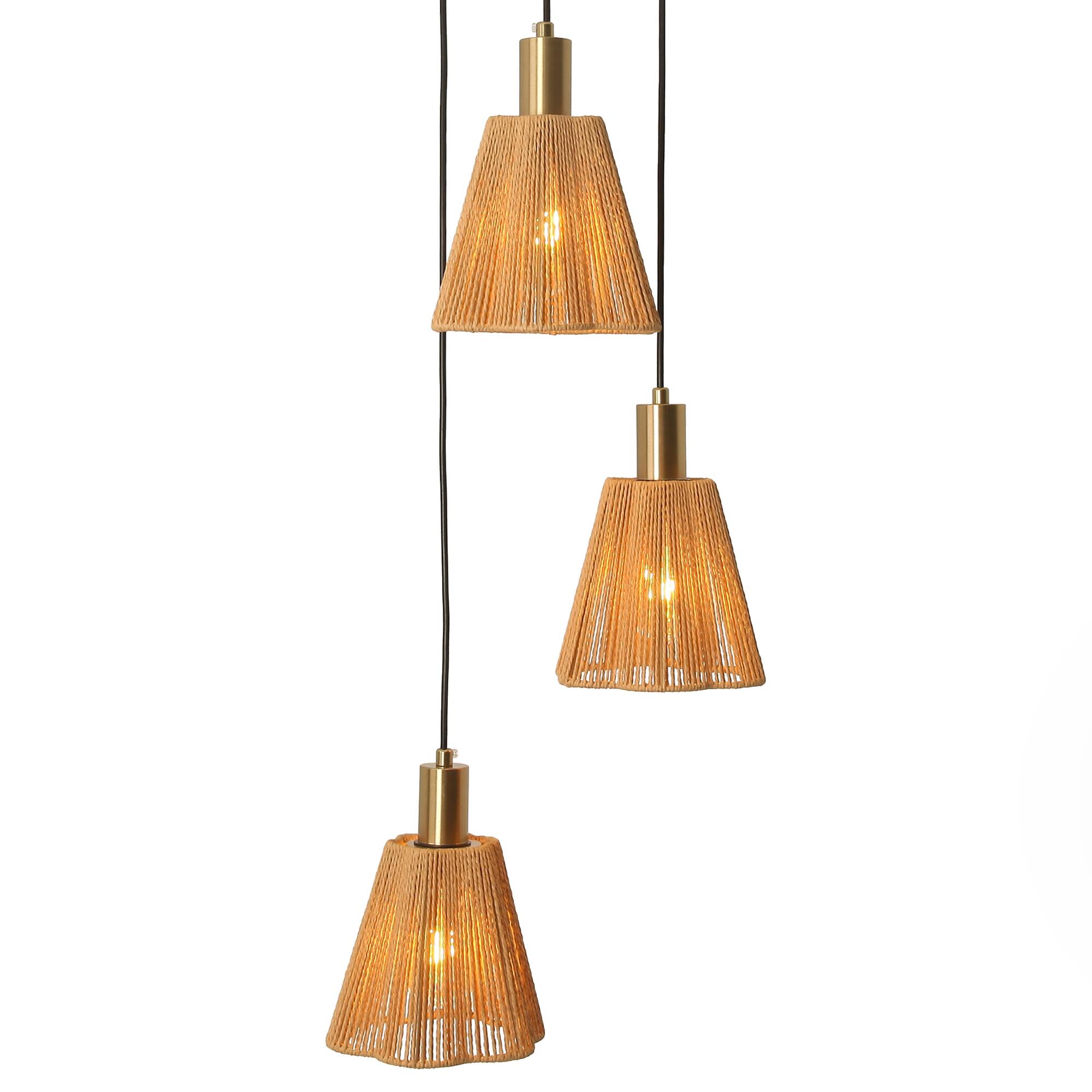 Alt View 2. Parrot Uncle - 15" W Rustic Brass 3-Light Kitchen Island Pendant Light with Paper Rope Shades - Gold.