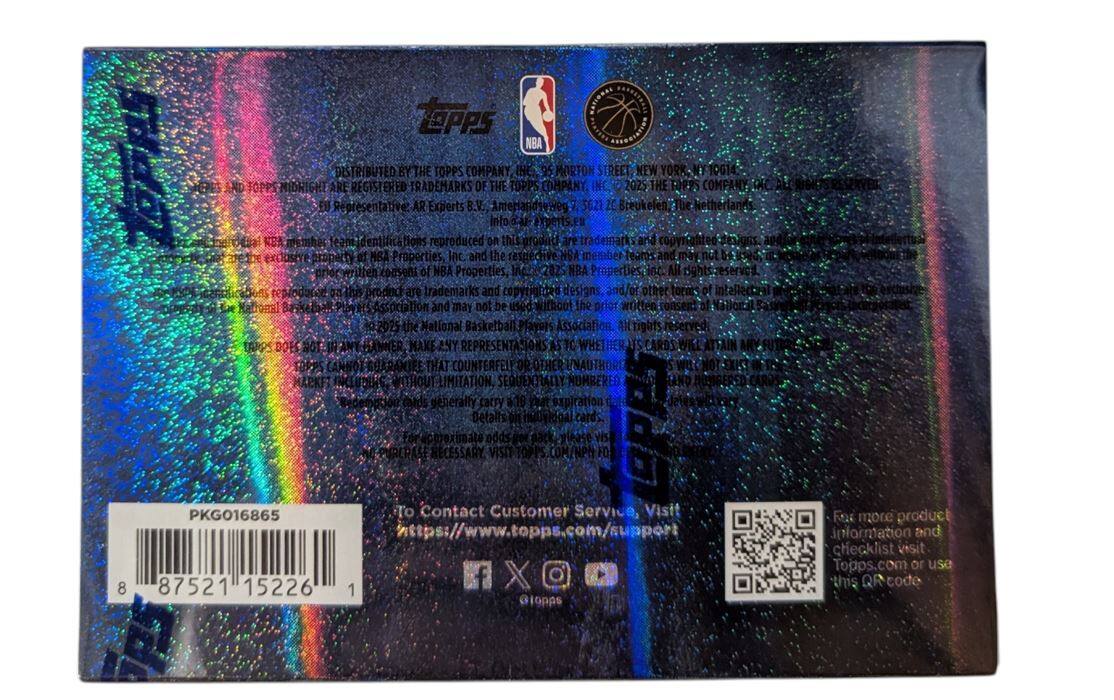 EPPS NBA DBS TRIBUTED BY THE TOPPS COMPANY IHC MORTON STREET NEW YORK 10014 SOE ND TOPPS MIDRIGHT ARE REGISTERED TRADEMARKS OF THE TOPPS COMPANY INC 2025 THE TOPPS COMPANY DEC A8 F Representative AR Experts B.V. Amerhandseiveg 5621 Breukelen The Netherlands Into 3 orperts.es desal NBA mamher team identifications reproduced on this product are trademark and copyrighted exclusive property of NBA Properties Inc and the member teams and may not be used without the prior written consent NBA Properties, Inc 2025 NBA Properties All rights reserved. Sports logos and trademarks are trademarks and copyrighted designs and other forms of intellectual property of the National Basketball Players Association and may not be used without the prior written consent of the National Basketball Association. All rights reserved. TOPPS DOES NOT MAKE ANY REPRESENTATIONS AS TO WHETHER OR NOT THE CARDS WILL ATTAIN VALUE. TOPPS CANNOT GUARANTEE THAT COUNTERFEIT OR OTHER UNAUTHORIZED CARDS WILL NOT BE SOLD SEQUENTIALLY NUMBERED.