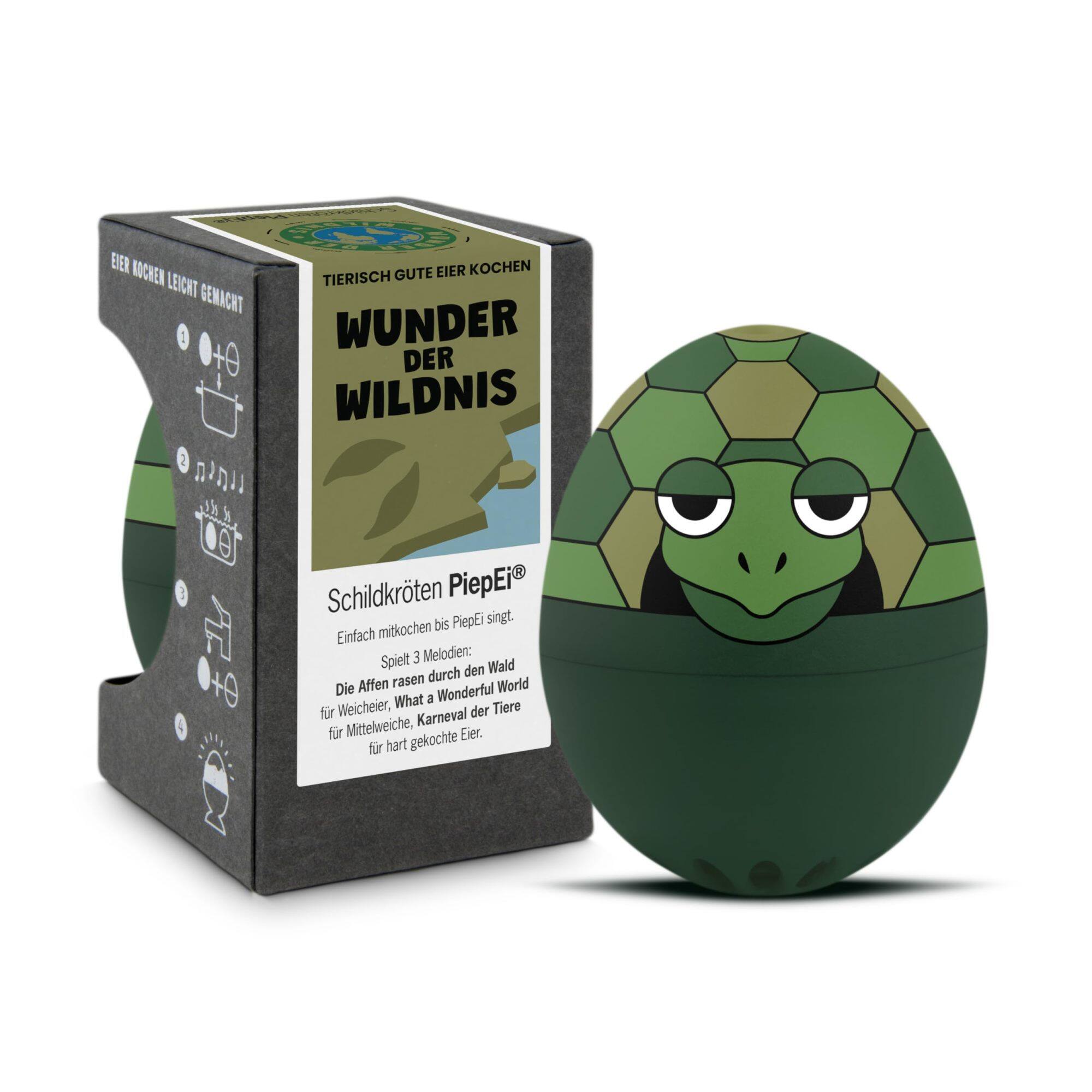 EIER KOCHEN LEICHT GEMACHT  
TIERISCH GUTE EIER KOCHEN  
WUNDER DER WILDNIS  

Schildkröten PiepEi®  
Einfach mitkochen bis PiepEi singt.  
Spielt 3 Melodien:  
- Die Affen rasen durch den Wald  
- What a Wonderful World  
- Karneval für Eier  
für Weicheier, Mitteweiche, hart gekochte Eier