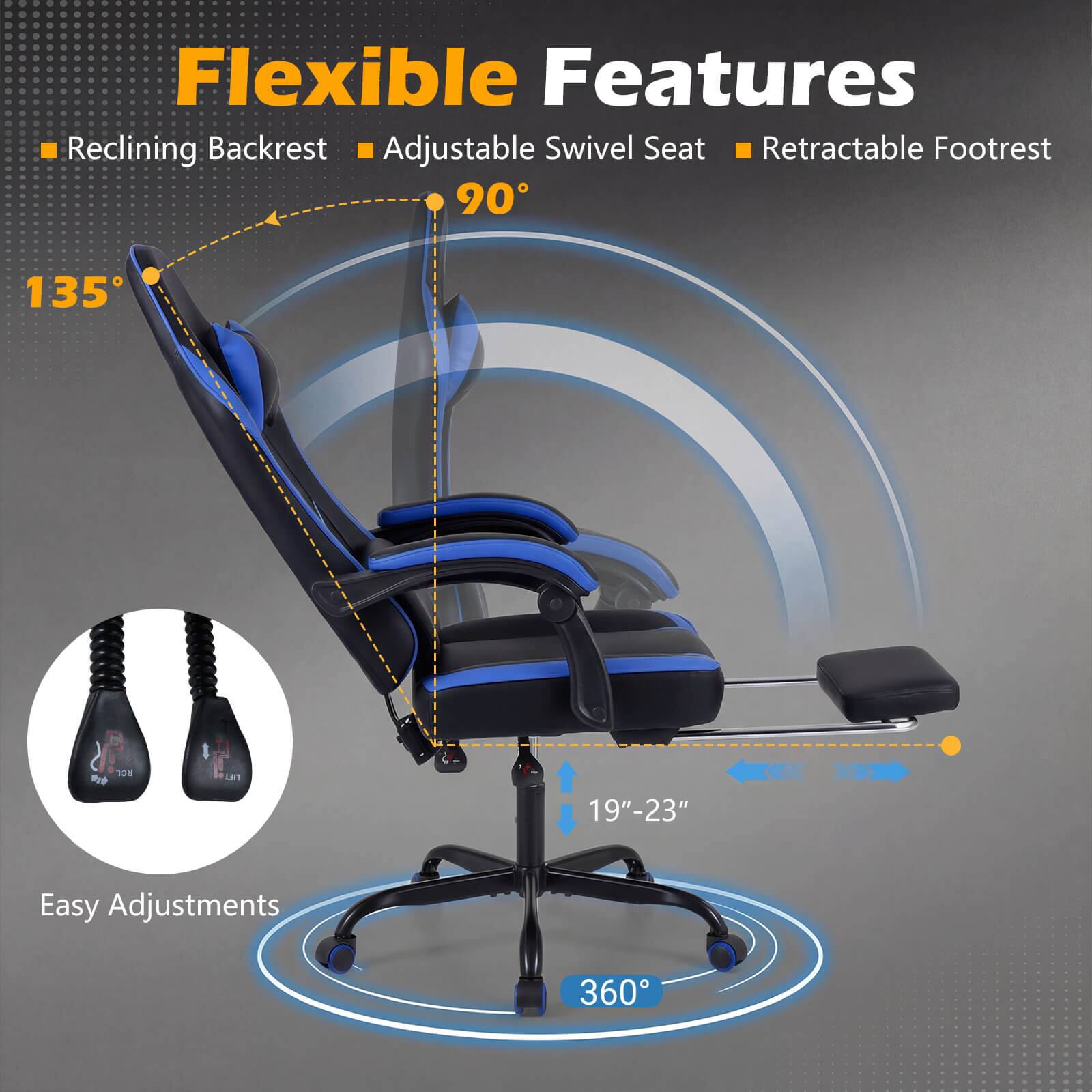 Flexible Features  
- Reclining Backrest  
- Adjustable Swivel Seat  
- Retractable Footrest  

90°  
135°  

19"-23"  

Easy Adjustments  
360°