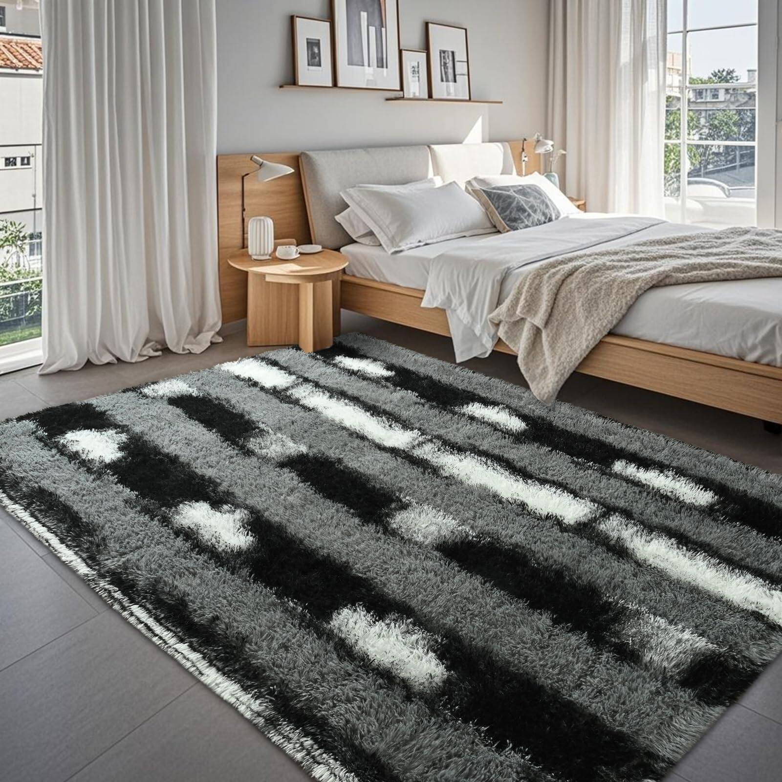 Alt View 5. Fabibe - Fluffy Area Rugs For Bedroom Living Room 4x6 Black And Grey Soft Plush Striped Rug... - D-black White-5' x 7' (Rectangular).