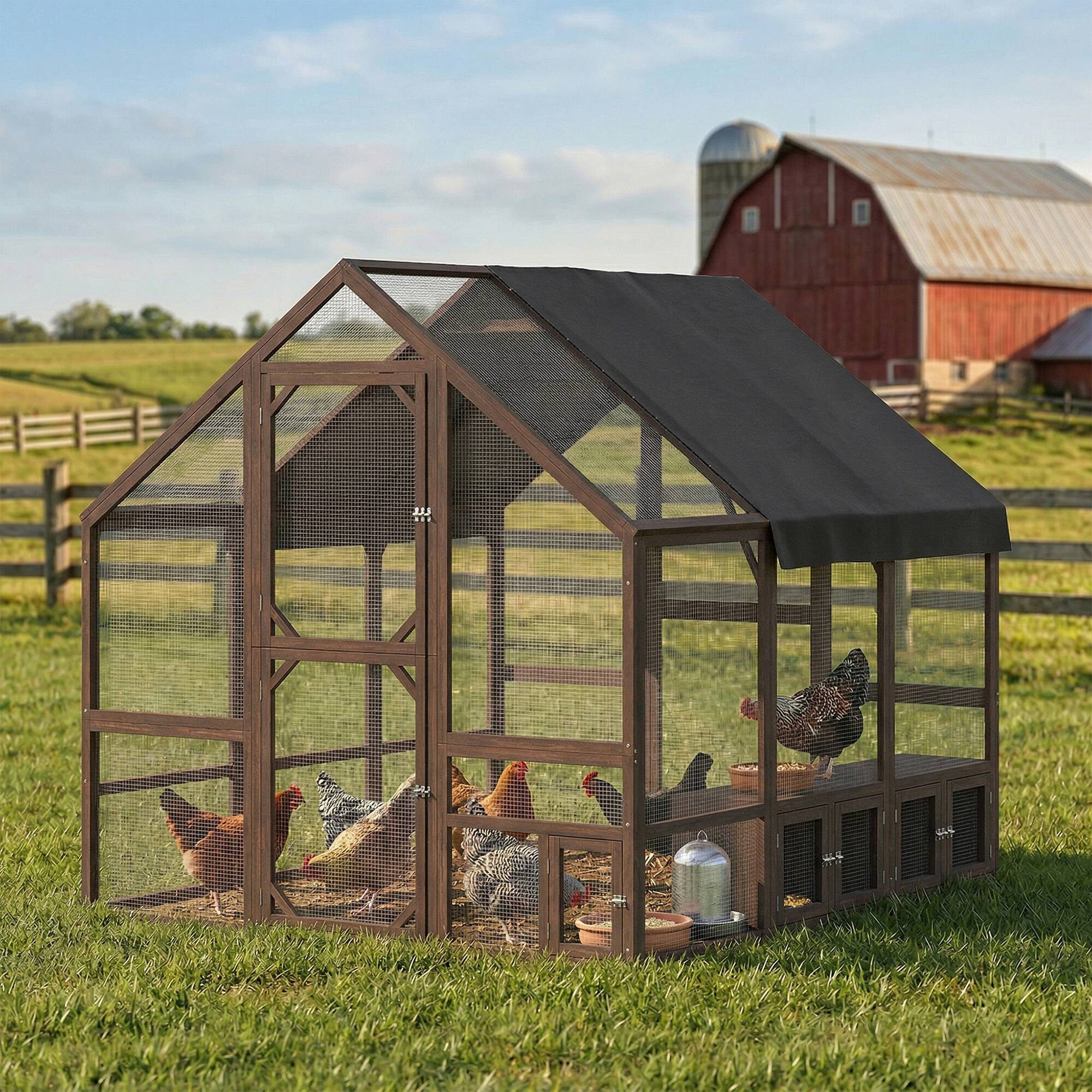 Alt View 1. Pawhut - Wooden Chicken Coop for 8-10 Hens, Walk-in Chicken Run with Waterproof Cover - Dark Brown.