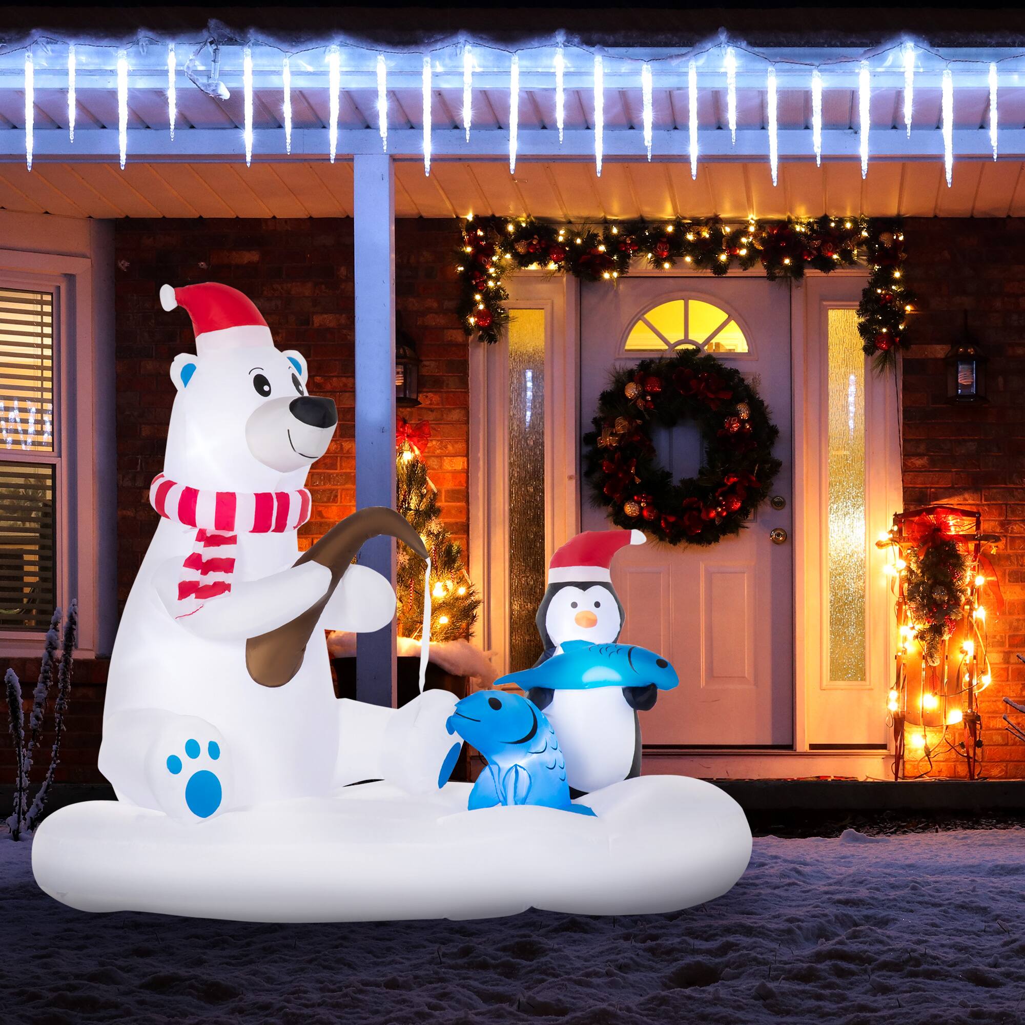 Alt View 1. Outsunny - 6ft Inflatable Polar Bear & Penguin Fishing, Outdoor Blow-Up LED Yard Decor for Lawn Garden - White.