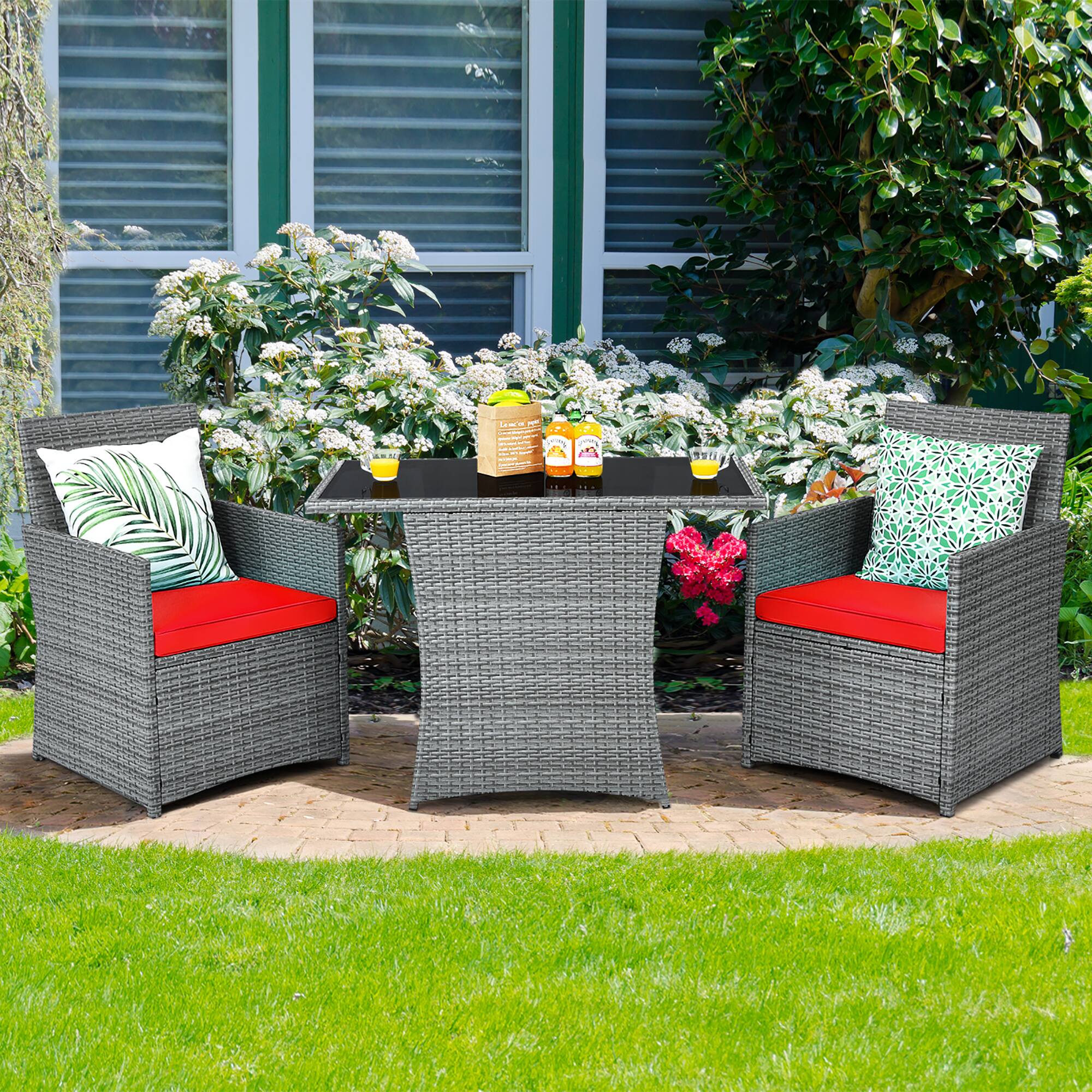Alt View 1. Costway - Costway 3PCS Patio Rattan Furniture Set Cushioned Sofa Armrest  Garden - Mixed Grey,Red.