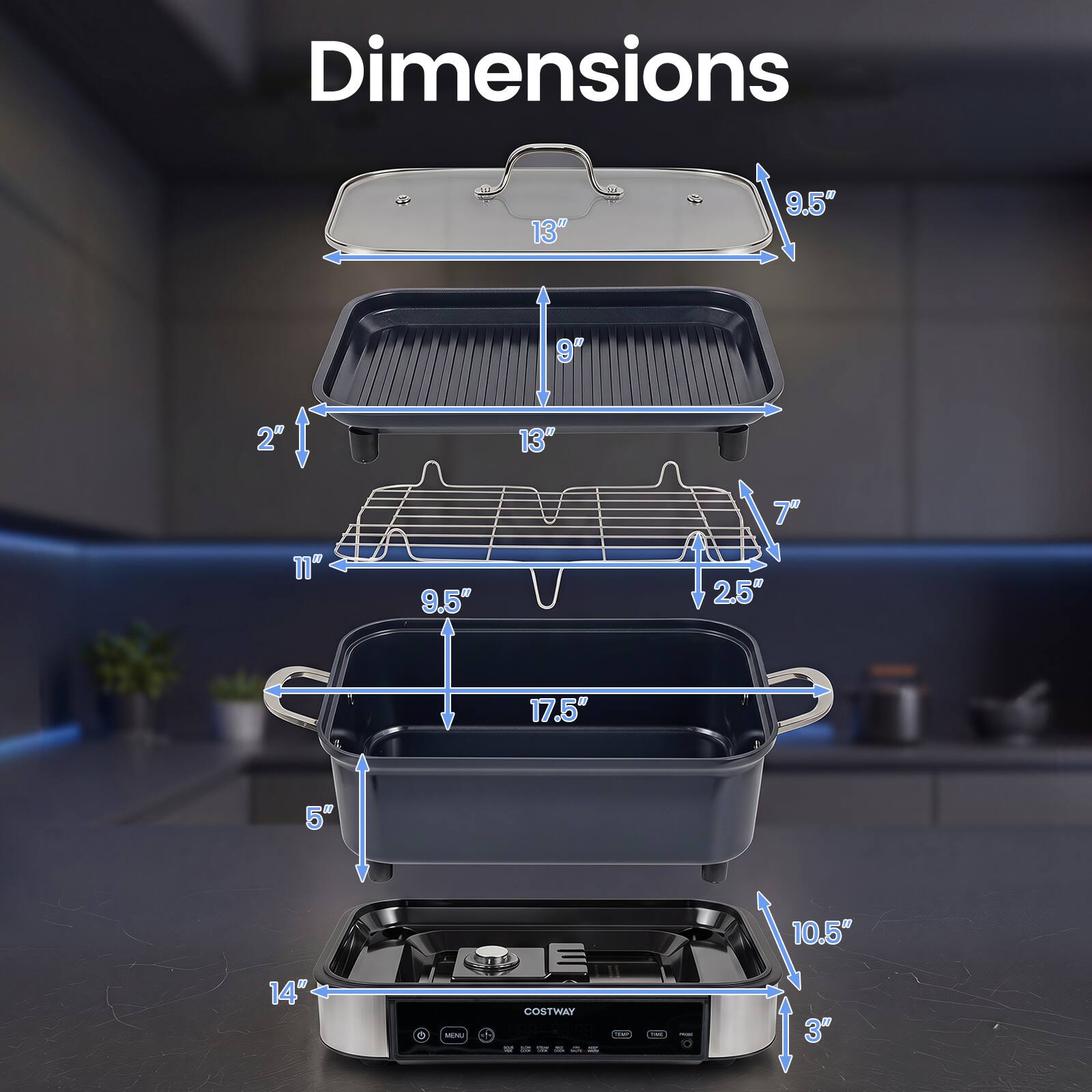 Dimensions: 13" x 9.5" x 9" x 2" x 13" x 7" x 11" x 9.5" x 2.5" x 17.5" x 5" x 10.5" x 14" - diass COSTWAY - YMSS - 3"