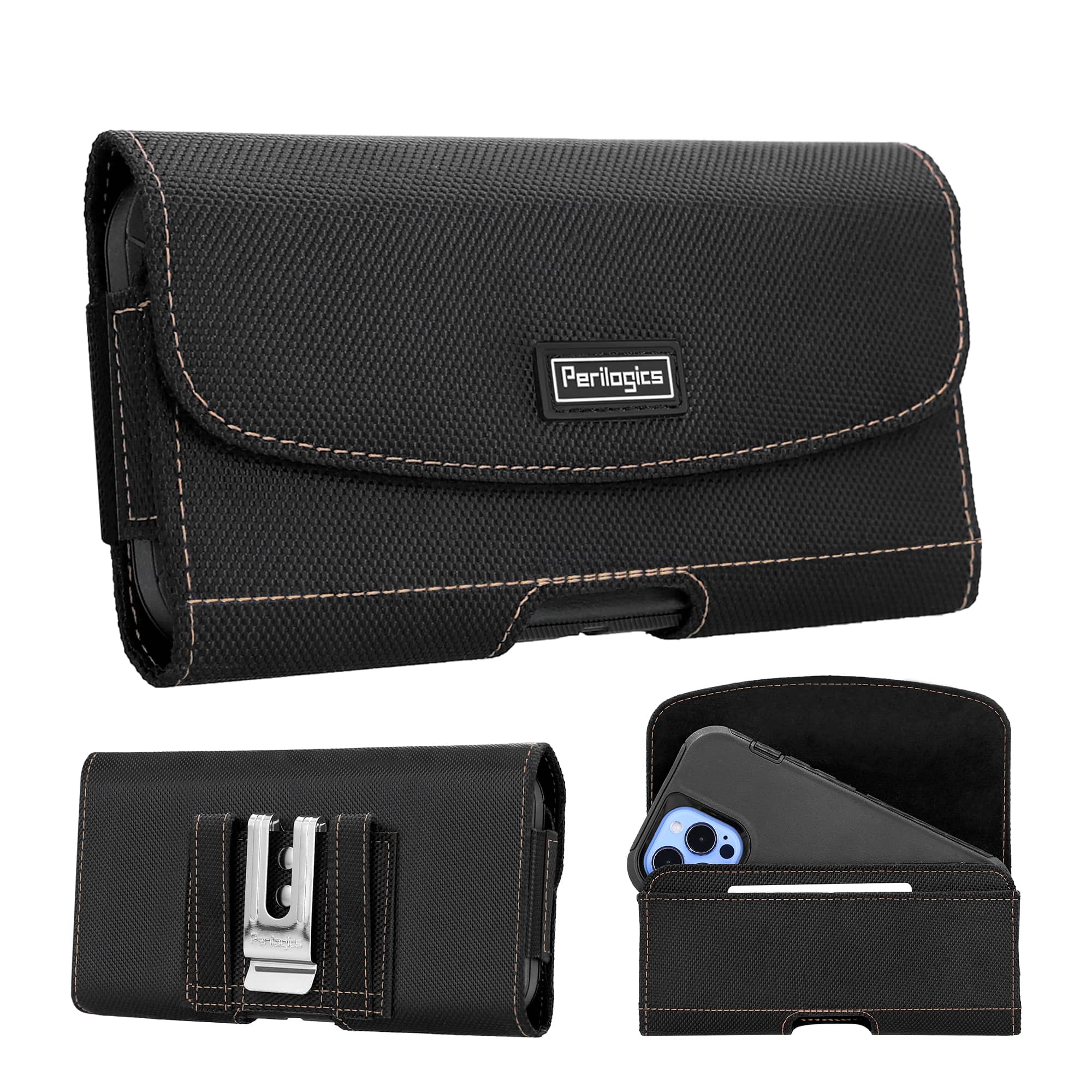 Front. Perilogics - Universal Phone Holster – Durable Nylon Belt Clip Pouch with Magnetic Closure for Large Smartphones with Rugged Case - Black.