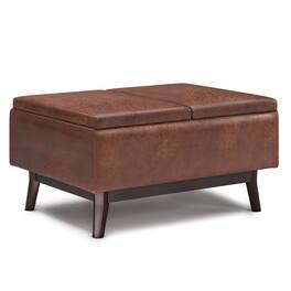 Simpli Home - Owen Tray Top Small Coffee Table Storage Ottoman - Distressed Saddle Brown