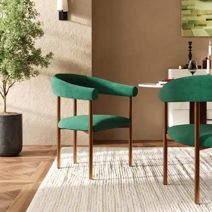 Front. POVISON - Modern Upholstered Armrest Dining Chair, Green Velvet Accent Chair with Arms, Fully Assembled - Green & Bronze.