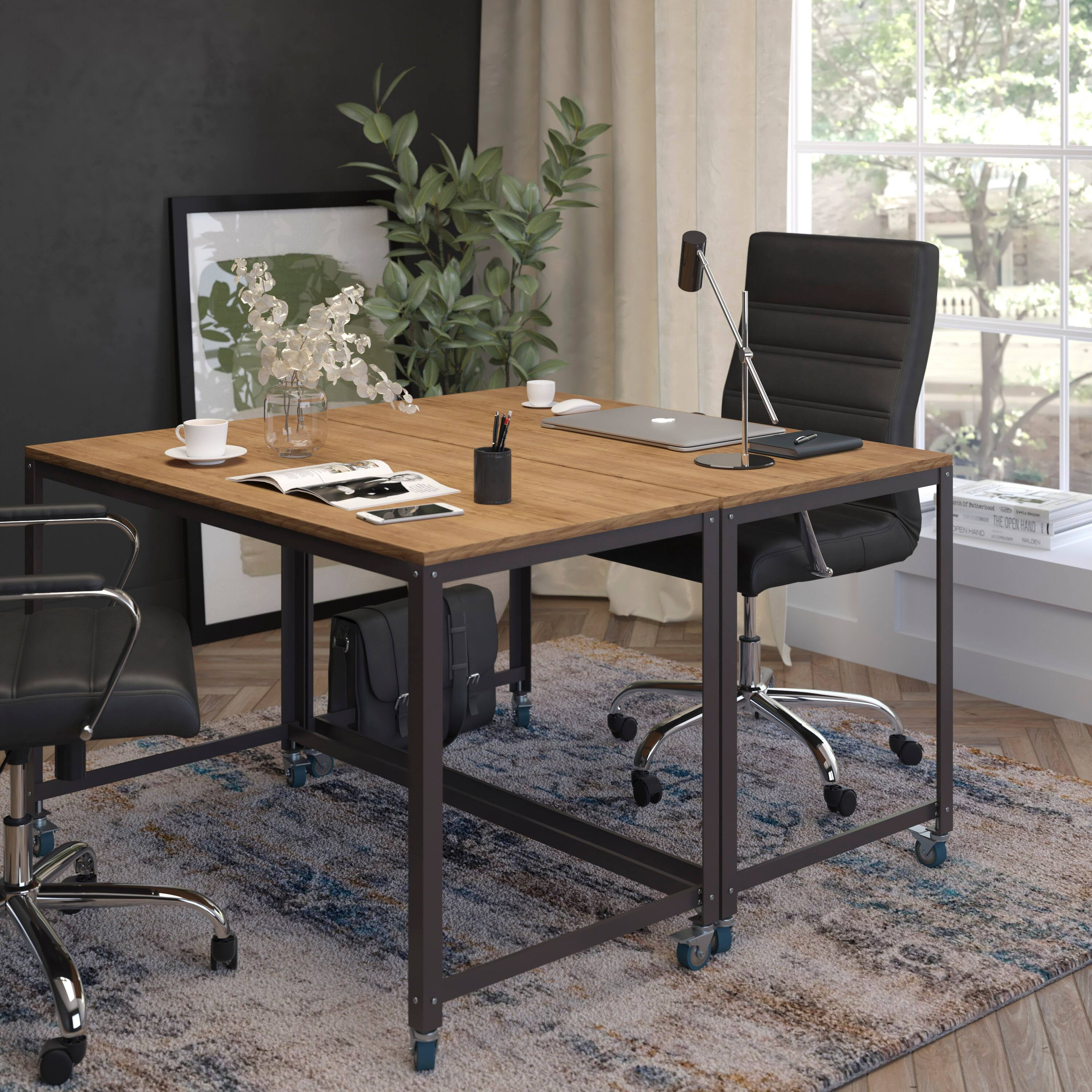 Alt View 2. Emma + Oliver - Computer Table and Desk in Wood Grain Finish with Metal Wheels - Brown Oak.
