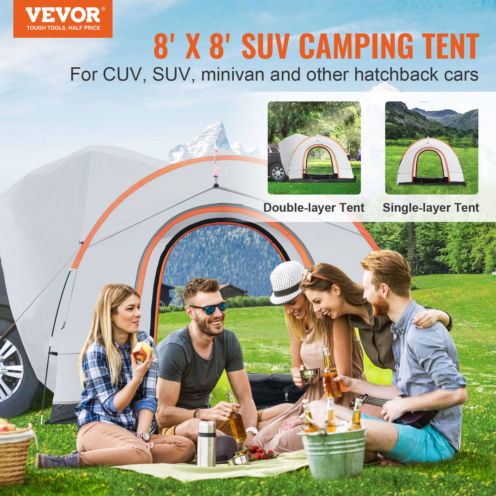 VEVOR TOUGH TOOLS, HALF PRICE
8' X 8' SUV CAMPING TENT
For CUV, SUV, minivan and other hatchback cars
Double-layer Tent
Single-layer Tent
