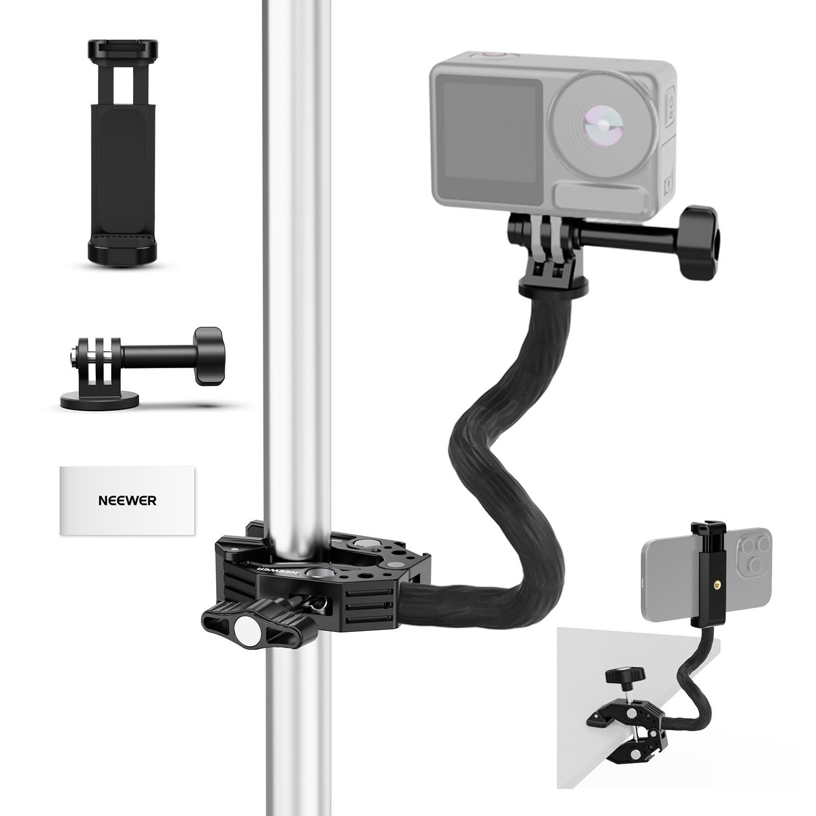 Front. Neewer - Action Camera Mount Kit - Includes Super Clamp & Soft Tube for GoPro, Insta360, DJI & Phone - Black.