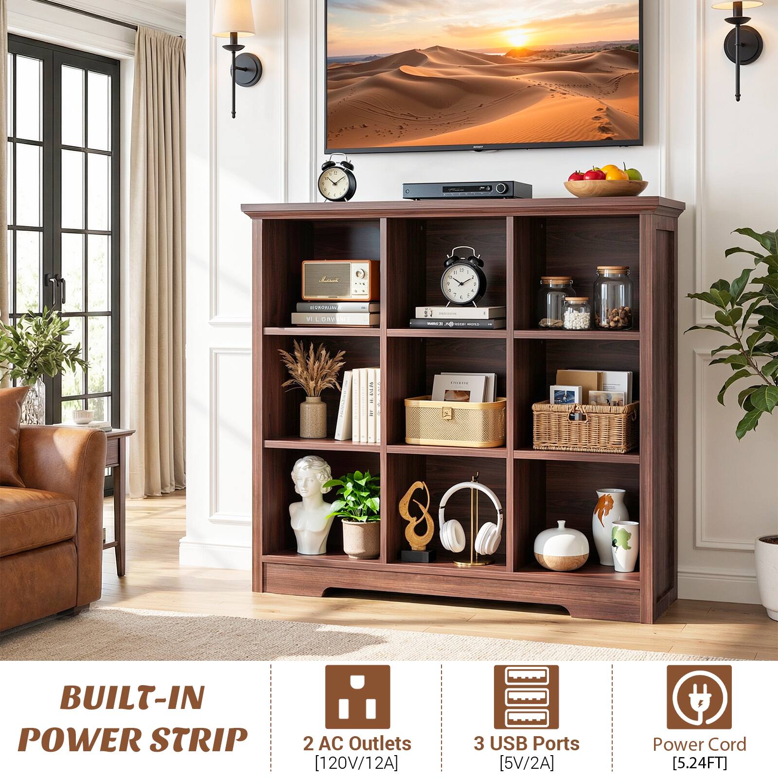 - BUILT-IN POWER STRIP
  - 2 AC Outlets [120V/12A]
  - 3 USB Ports [5V/2A]
  - Power Cord [5.24FT]