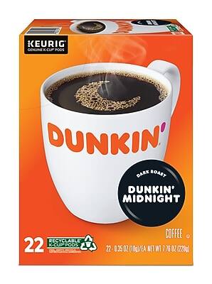 KEURIG GENUINE K-CUP PODS  
DUNKIN' DARK ROAST  
DUNKIN' MIDNIGHT  
COFFEE  
22 RECYCLABLE K-CUP PODS  
22 - 0.35 OZ (10g)/EA NET WT 7.76 OZ (220g)