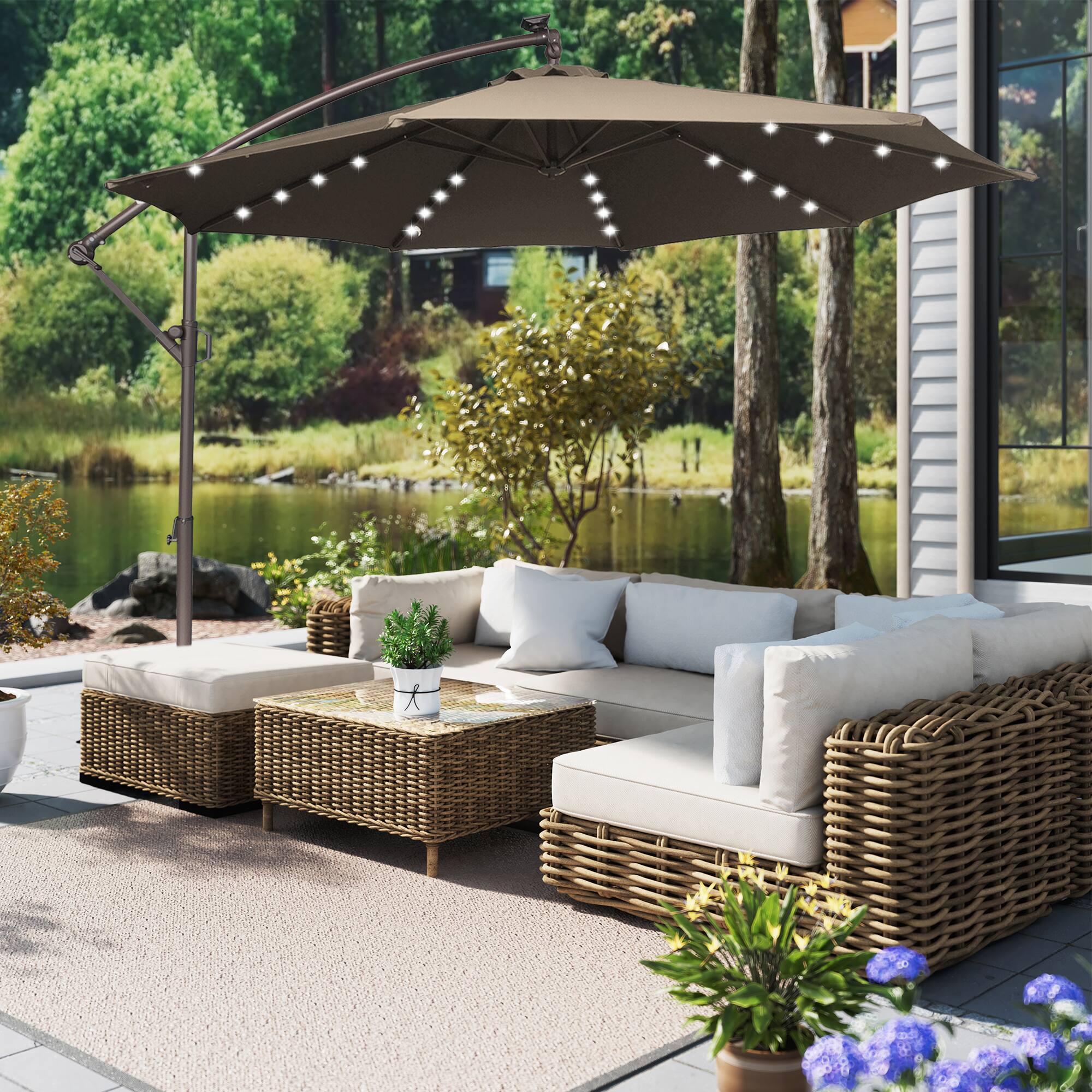 Alt View 6. Mondawe - 11ft Offset Patio Umbrella 360°Rotate,Easy Tilt,Solar Lights - Tan.