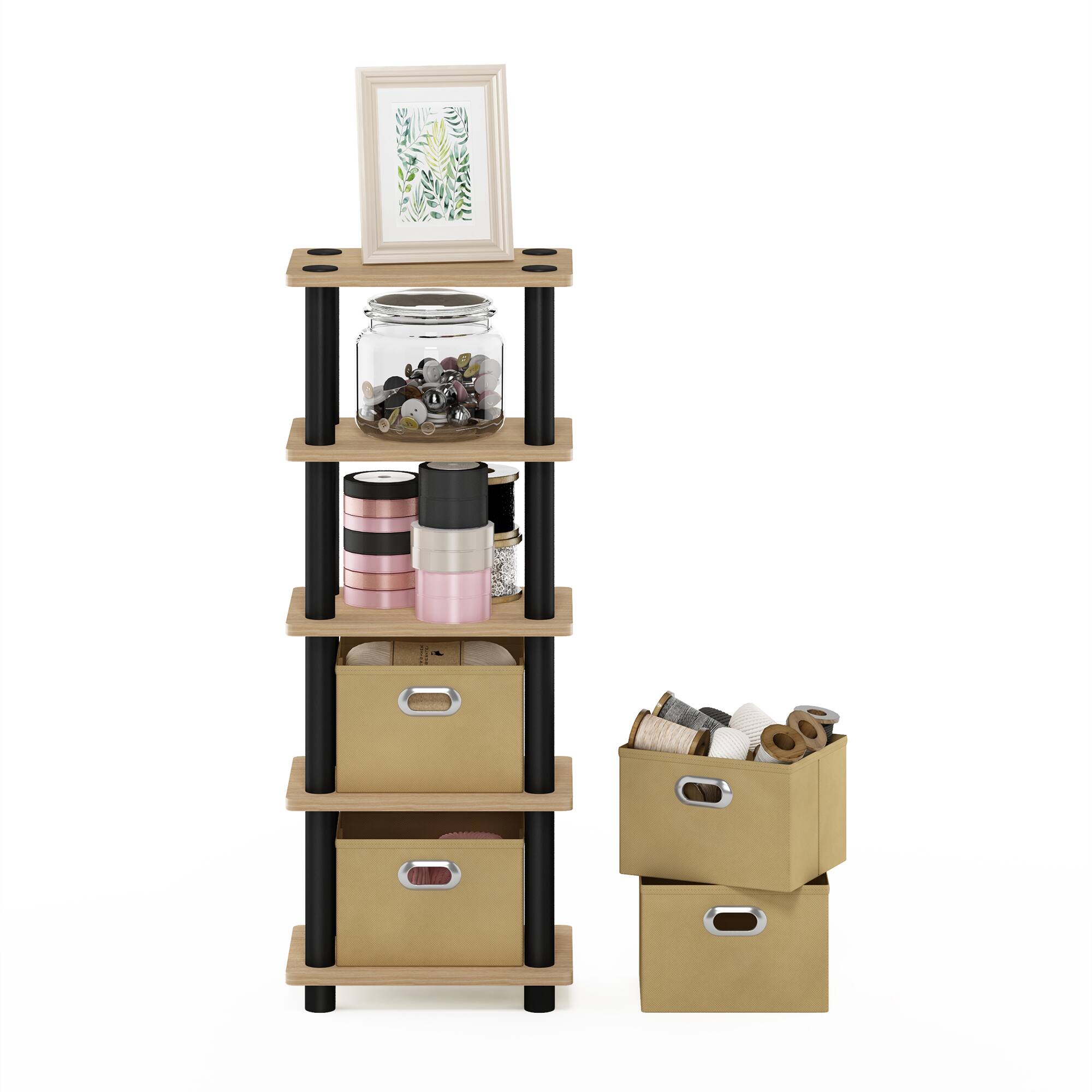 Alt View 4. Furinno - Turn-N-Tube 4-Bins System Rack, Oak - Oak/Black/Light Brown.