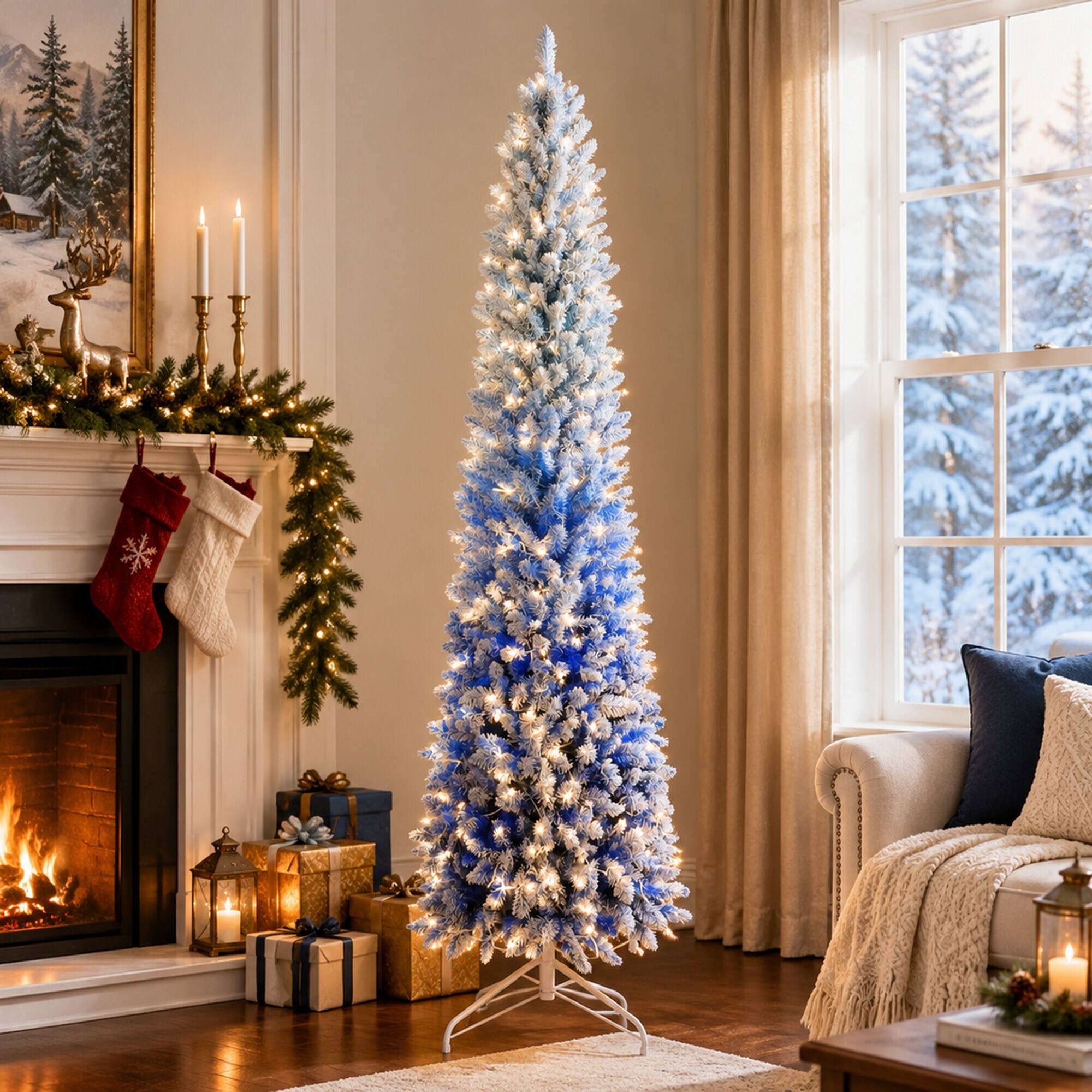 Left. RYHNUYNE - 7 Ft Blue Gradient Flocked Pencil Christmas Tree With 300 Warm White LED Lights, 725 Tips Hinged Metal Stand Decor - Blue.