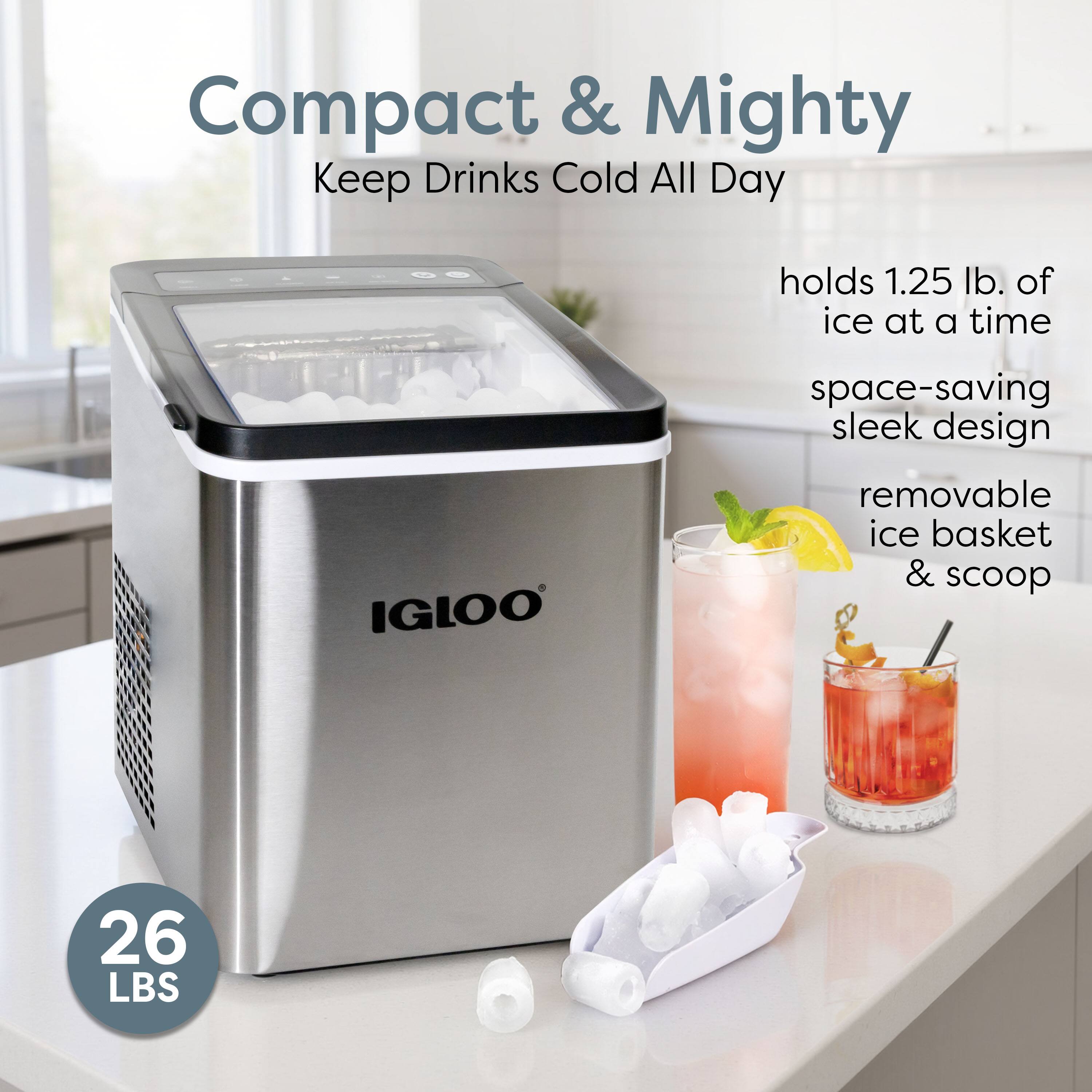Compact & Mighty  
Keep Drinks Cold All Day  

- holds 1.25 lb. of ice at a time  
- space-saving sleek design  
- removable ice basket & scoop  

26 LBS