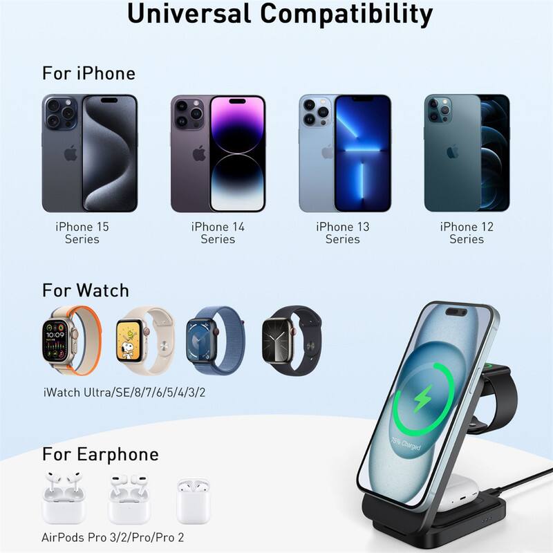 Universal Compatibility

For iPhone
- iPhone 15 Series
- iPhone 14 Series
- iPhone 13 Series
- iPhone 12 Series

For Watch
- iWatch Ultra/SE/8/7/6/5/4/3/2

For Earphone
- AirPods Pro 3/2/Pro/Pro 2