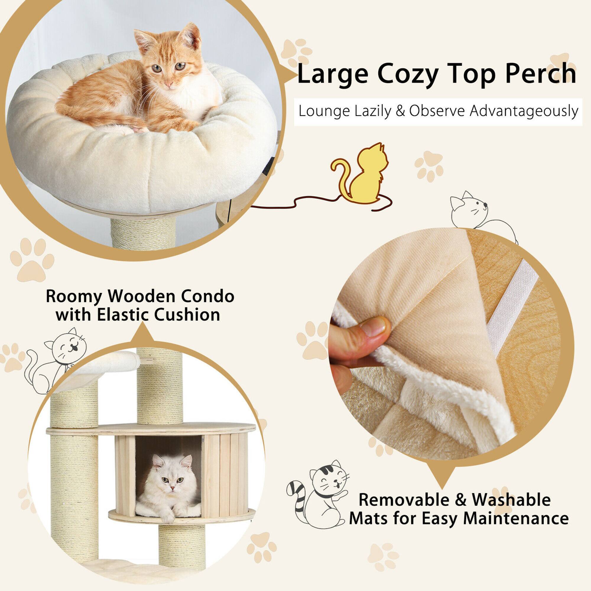 Large Cozy Top Perch  
Lounge Lazily & Observe Advantageously  

Roomy Wooden Condo with Elastic Cushion  

Removable & Washable Mats for Easy Maintenance