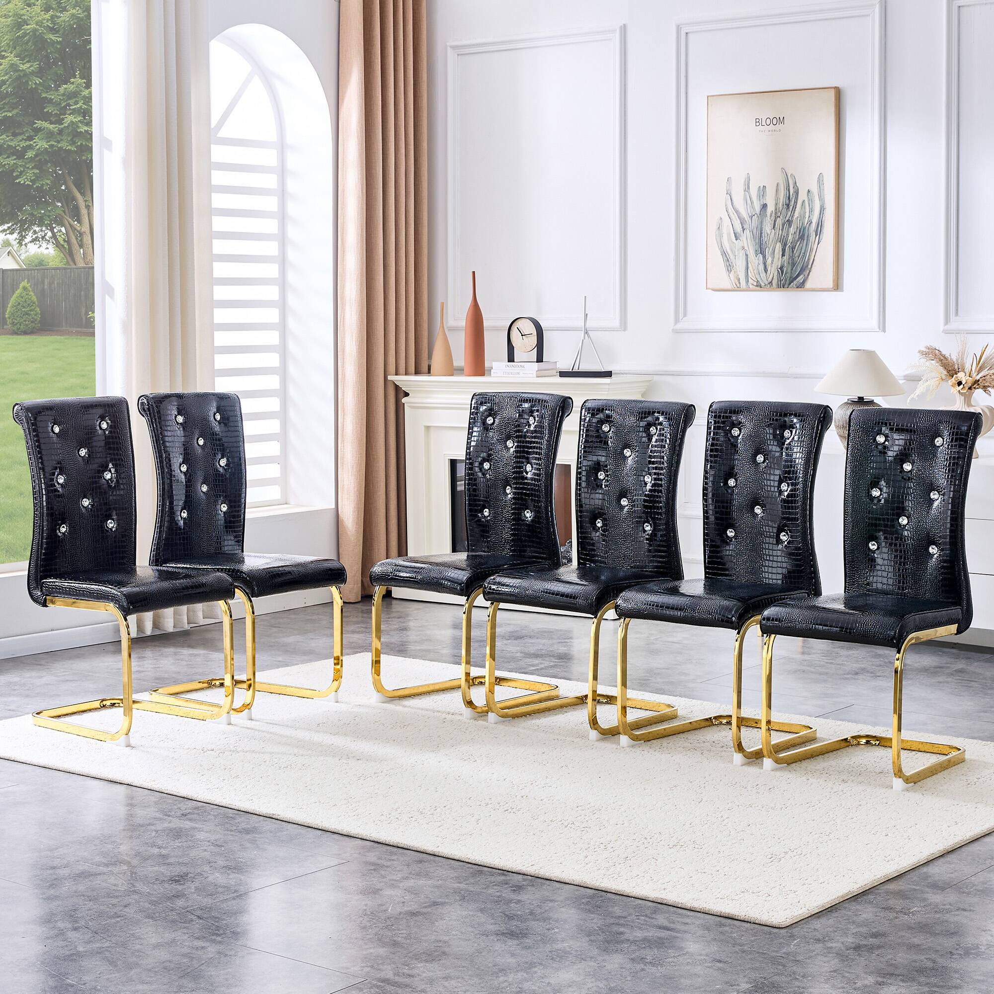 Alt View 1. Loheer - Set of 4 Retro Alligator Faux Leather Dining Chairs, Gold Bow Legs, Crystal Buckle, 1.37x1.87x3.3 ft - Black.