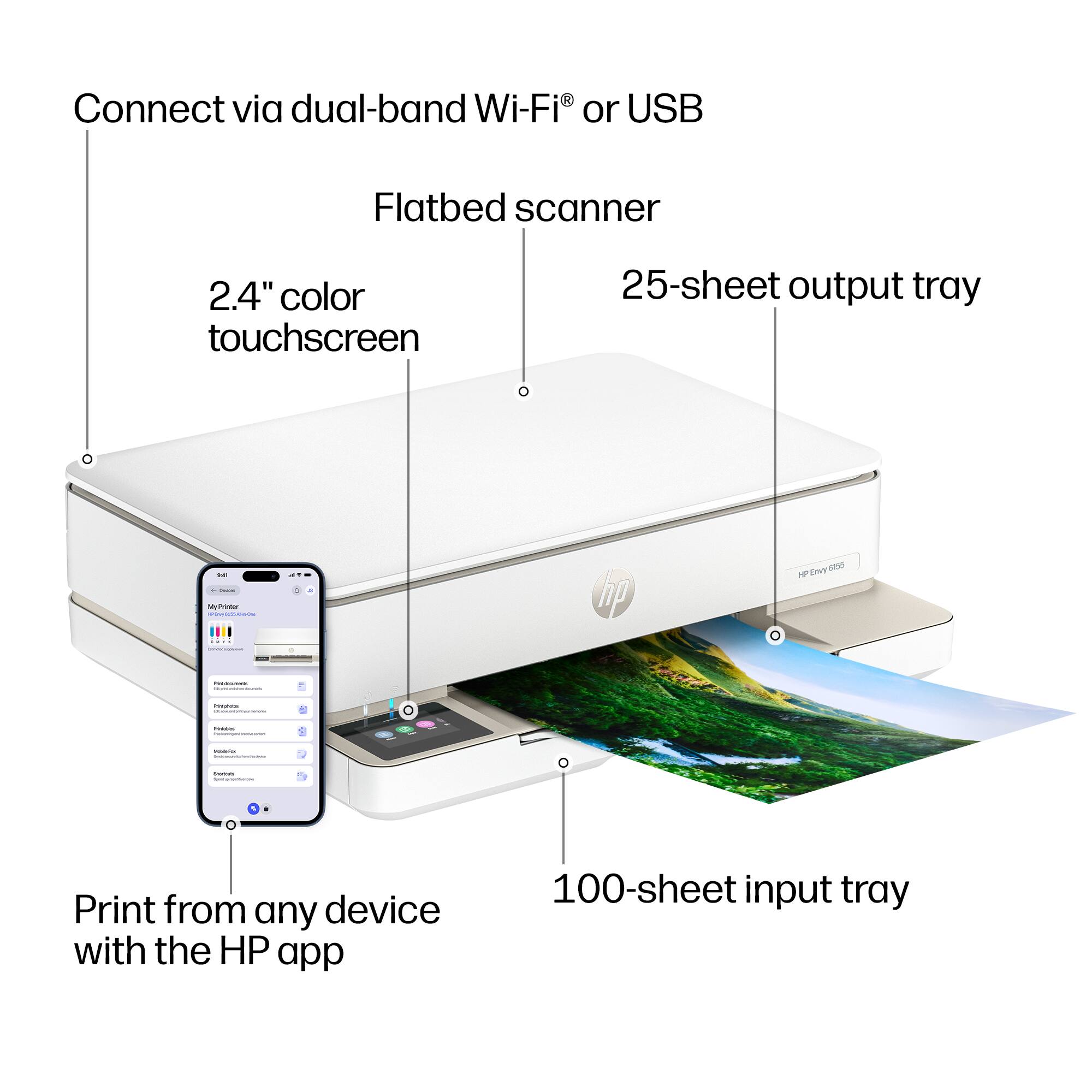 Connect via dual-band Wi-Fi® or USB  
Flatbed scanner  
2.4" color touchscreen  
25-sheet output tray  
Print from any device with the HP app  
100-sheet input tray