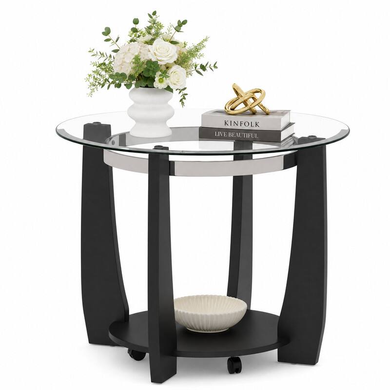WELLFOR Modern 2 Tier Glass Round Coffee Table with Storage Shelf, 32 ...