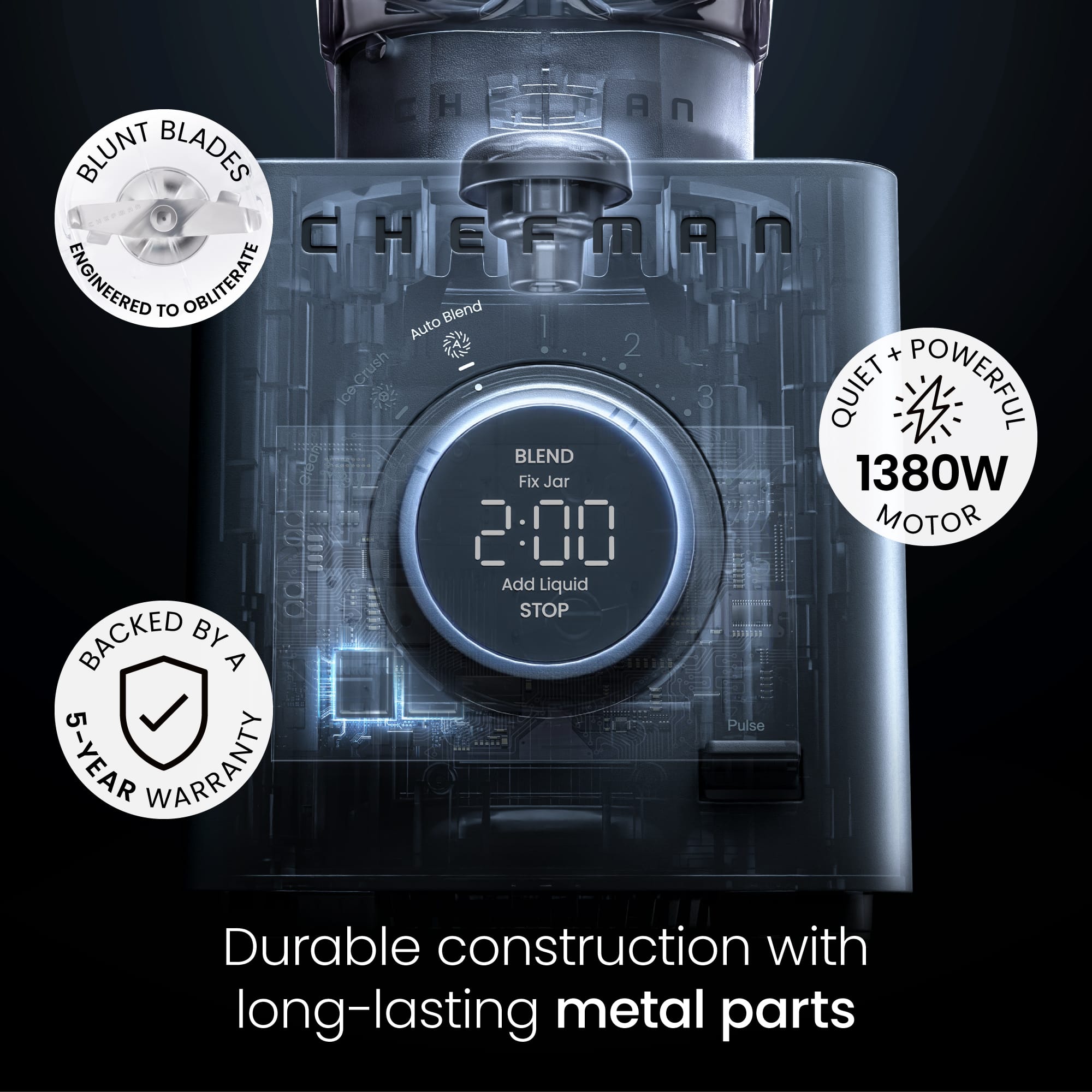 The text on the image can be grouped and corrected as follows:
"Chefman H Blunt Blades Engineered to Obliterate Blend Auto! 2 x Ice Crush 0.3 QUIET POWERFUL BLEND Fix Jar 1380W 2:00 MOTOR 000 Add STOP Liquid BACKED BY 351813 A Pulse 5-YEAR WARRANTY Durable construction with long-lasting metal parts."