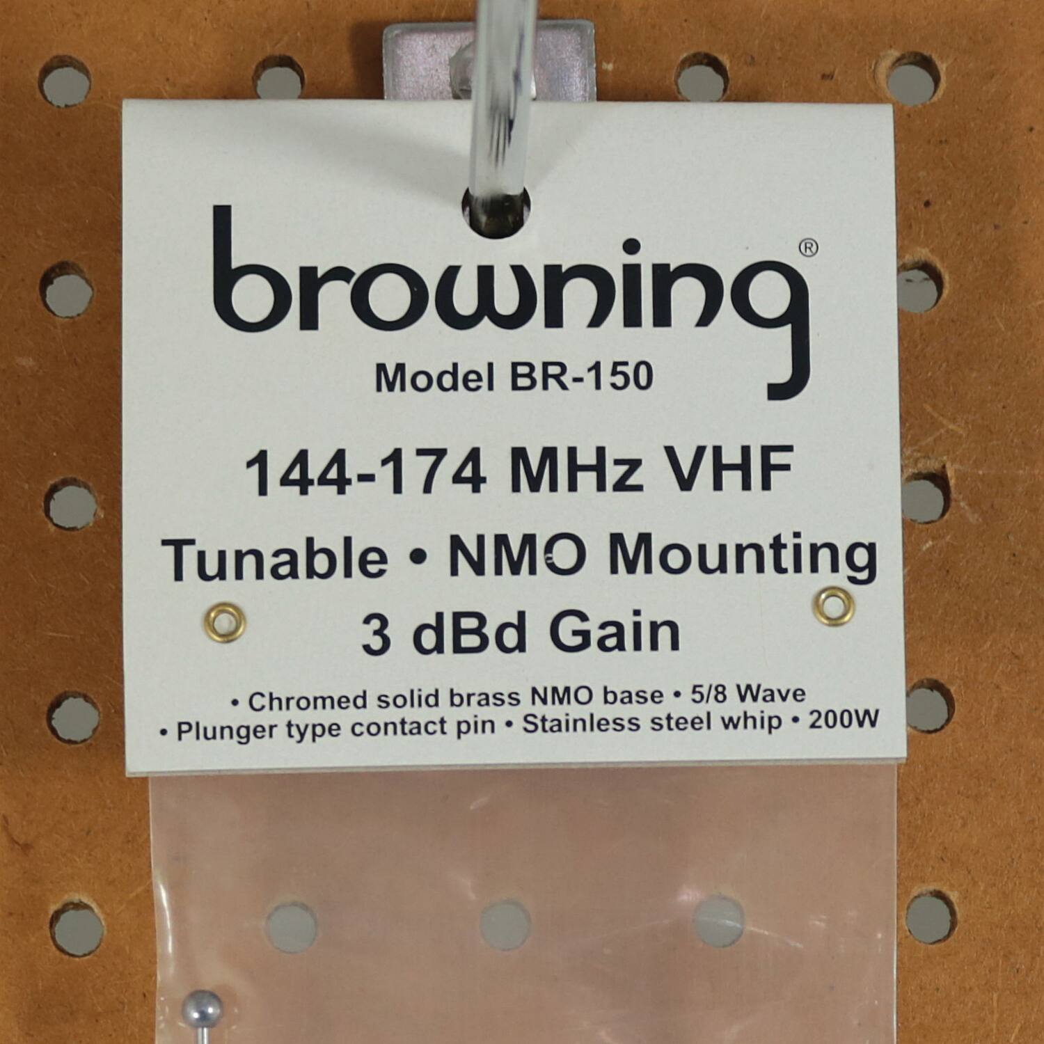 browning  
Model BR-150  

144-174 MHz VHF  
Tunable • NMO Mounting  
3 dBd Gain  

- Chromed solid brass NMO base • 5/8 Wave  
- Plunger type contact pin • Stainless steel whip • 200W