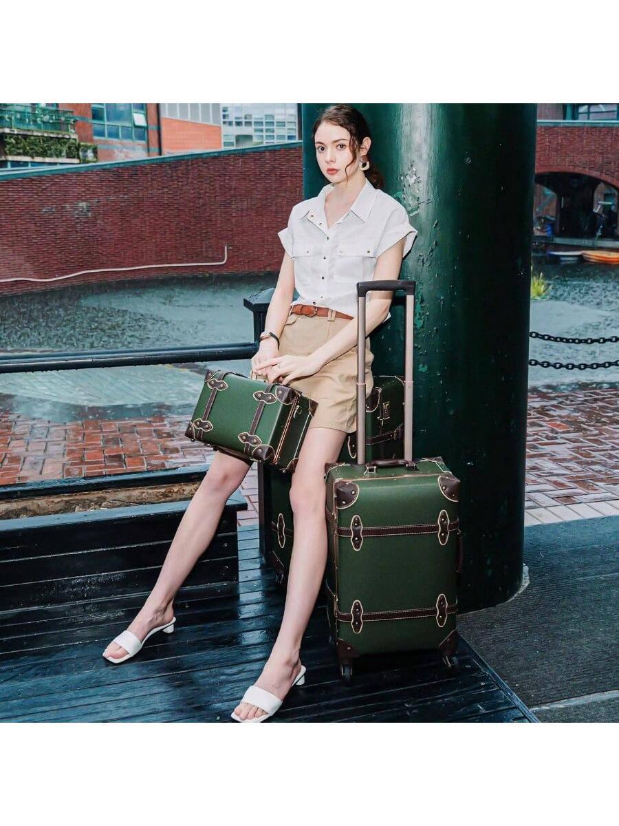 Angle. Live At Space - Vintage Luggage Sets of 3 Piece - Hardside Lightweight Spinner Suitcases Retro Travel Set includes Under Train Case, - Military Green.