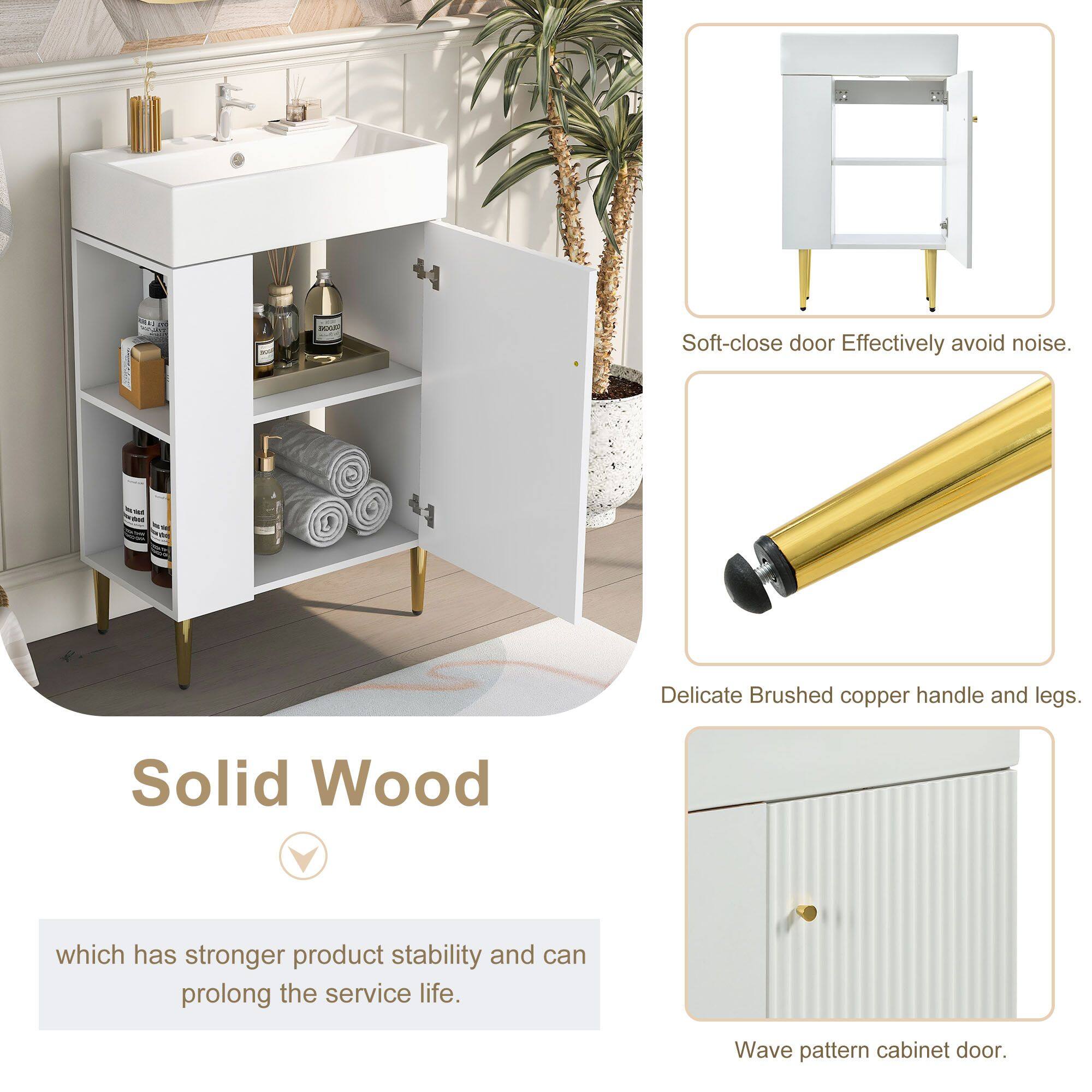 - Soft-close door: Effectively avoid noise.
- Delicate Brushed copper handle and legs.
- Solid Wood: which has stronger product stability and can prolong the service life.
- Wave pattern cabinet door.
