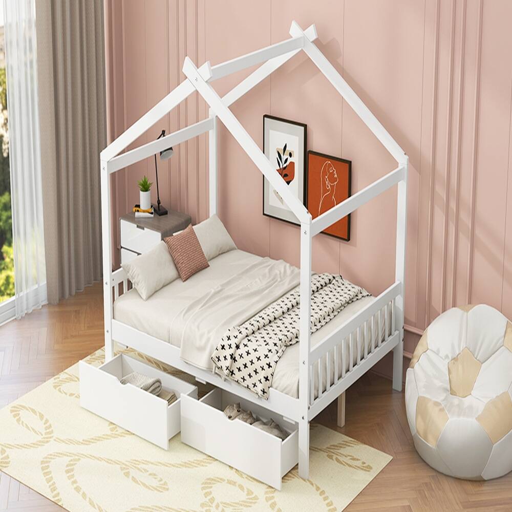 Back. Loheer - Loheer Full Size House Platform Bed with Two Drawers, Roof Design White Bed Frame for Kids - White.