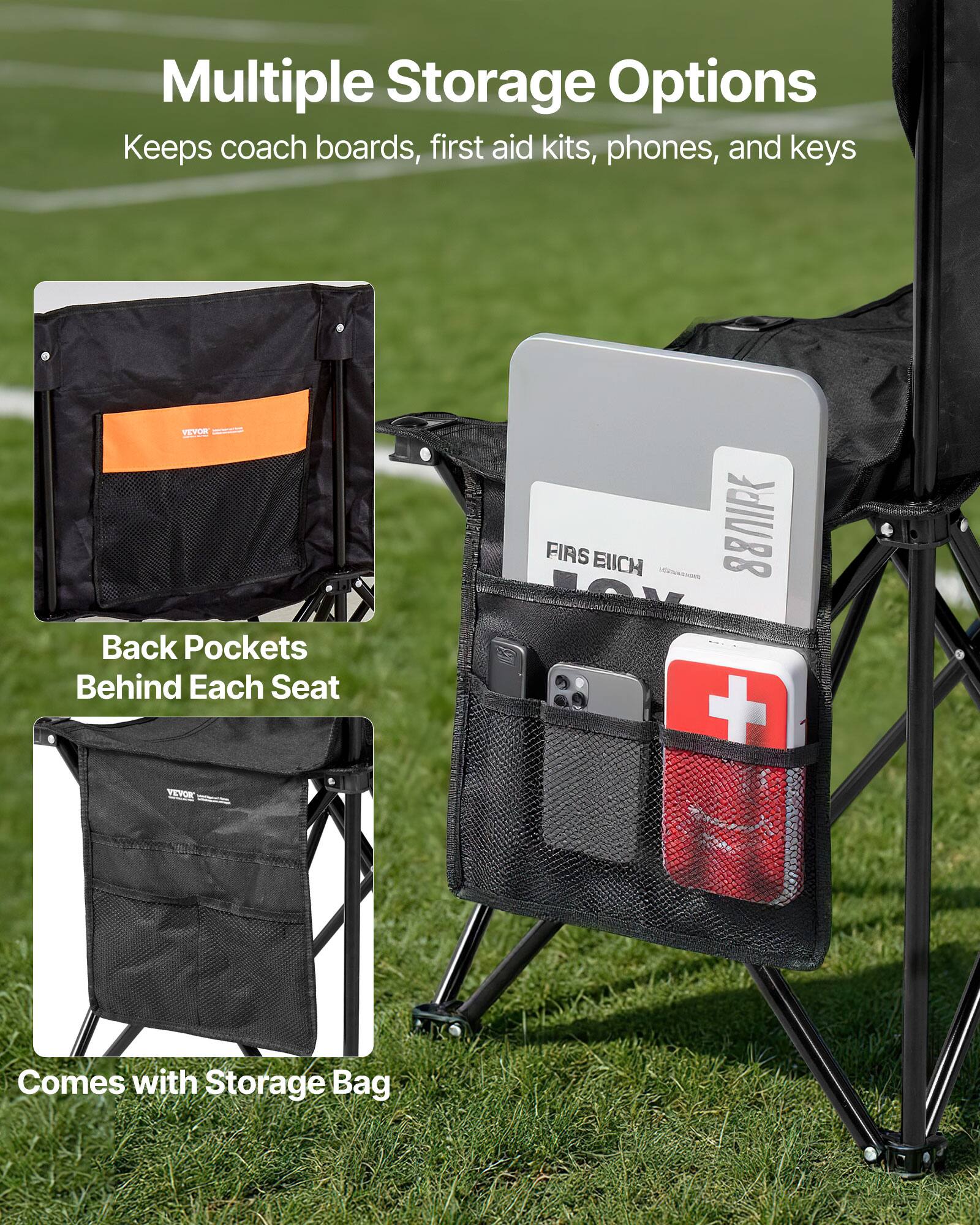 Multiple Storage Options  
Keeps coach boards, first aid kits, phones, and keys  

Back Pockets Behind Each Seat  

Comes with Storage Bag