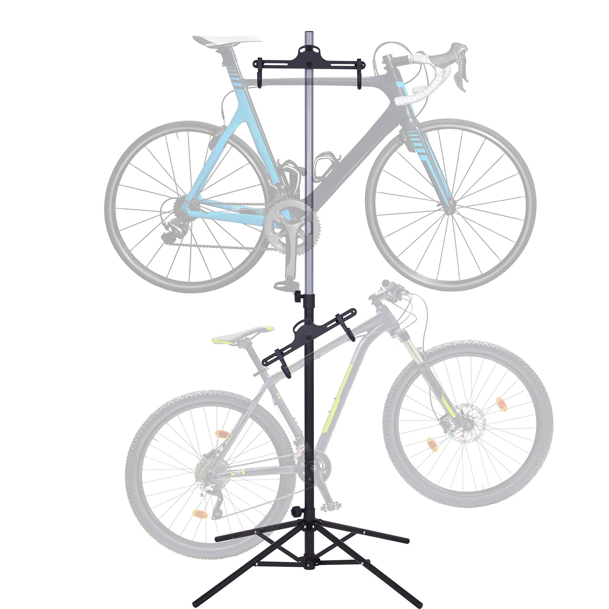 Front. RaxGo - Freestanting Bike Stand, 2 Bicycle Stand with Adjustable Height, for Mountain & Road Bicycles - Black and Grey.