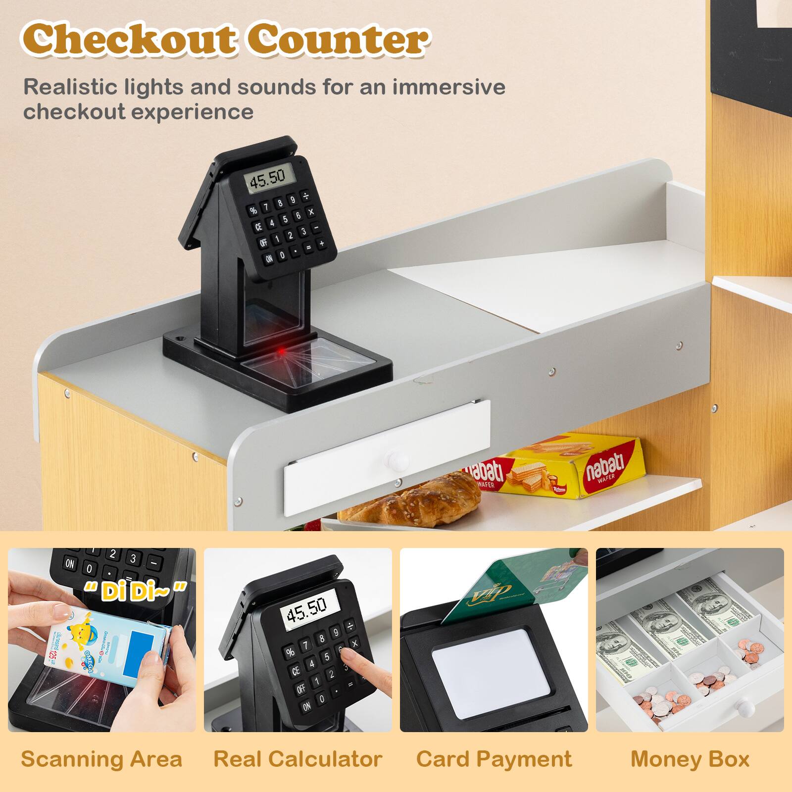 Checkout Counter

Realistic lights and sounds for an immersive checkout experience

Scanning Area

Real Calculator

Card Payment

Money Box