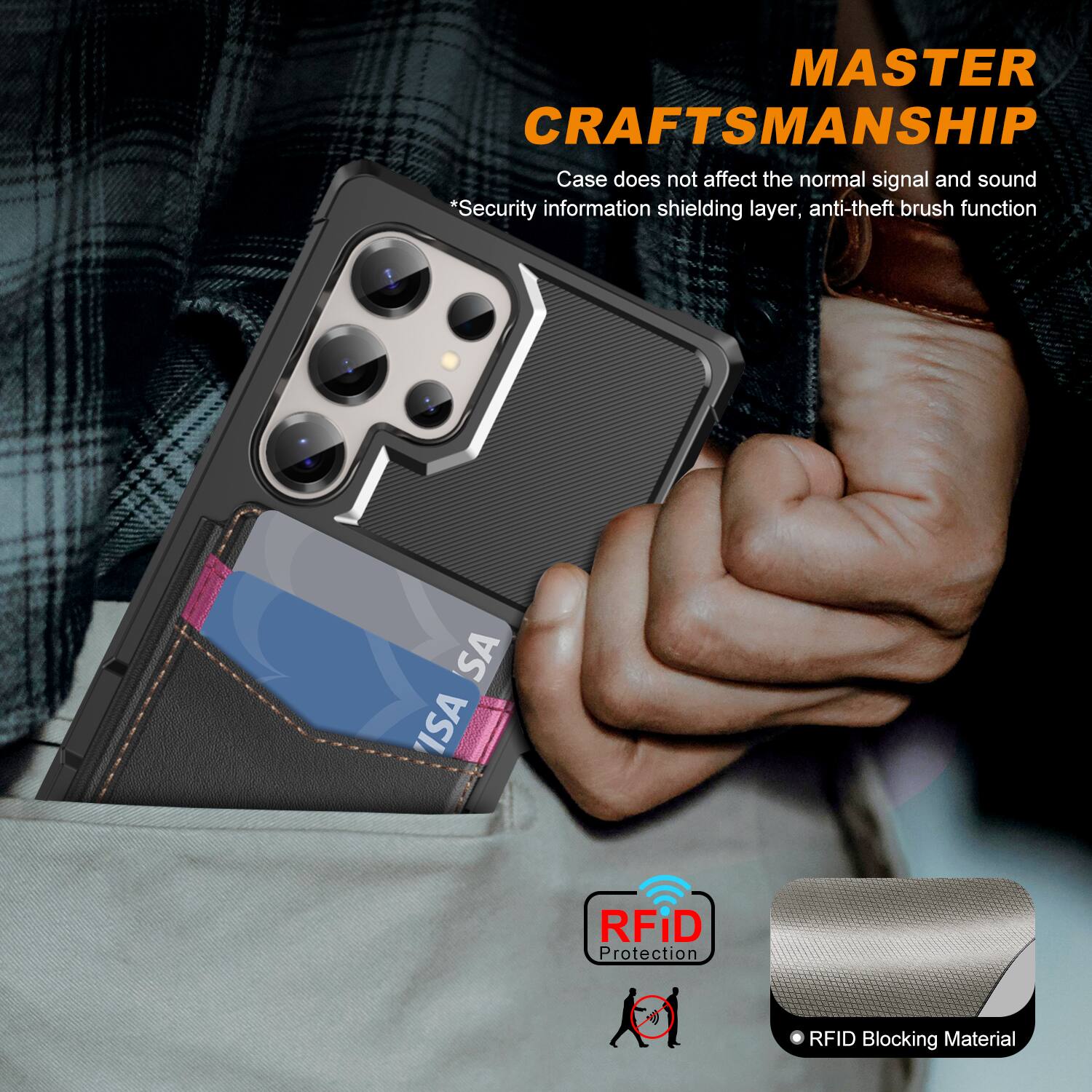 MASTER CRAFTSMANSHIP  
Case does not affect the normal signal and sound  
*Security information shielding layer, anti-theft brush function  

SA ISA RFID Protection  
RFID Blocking Material