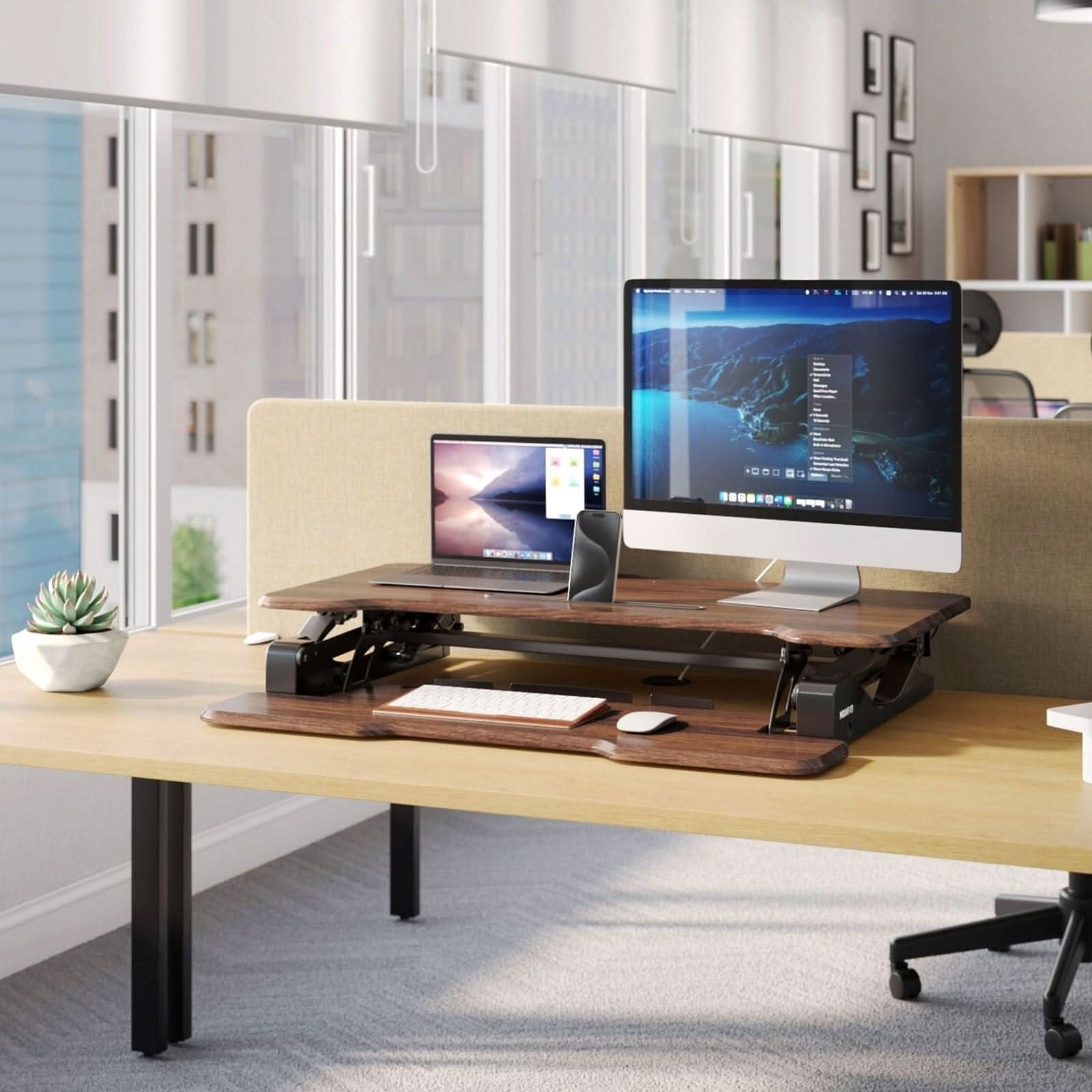 Angle. Mount-It! - Height-Adjustable Standing Desk Converter with 38" Work Surface for Sit-Stand Productivity, Beige - Beige.