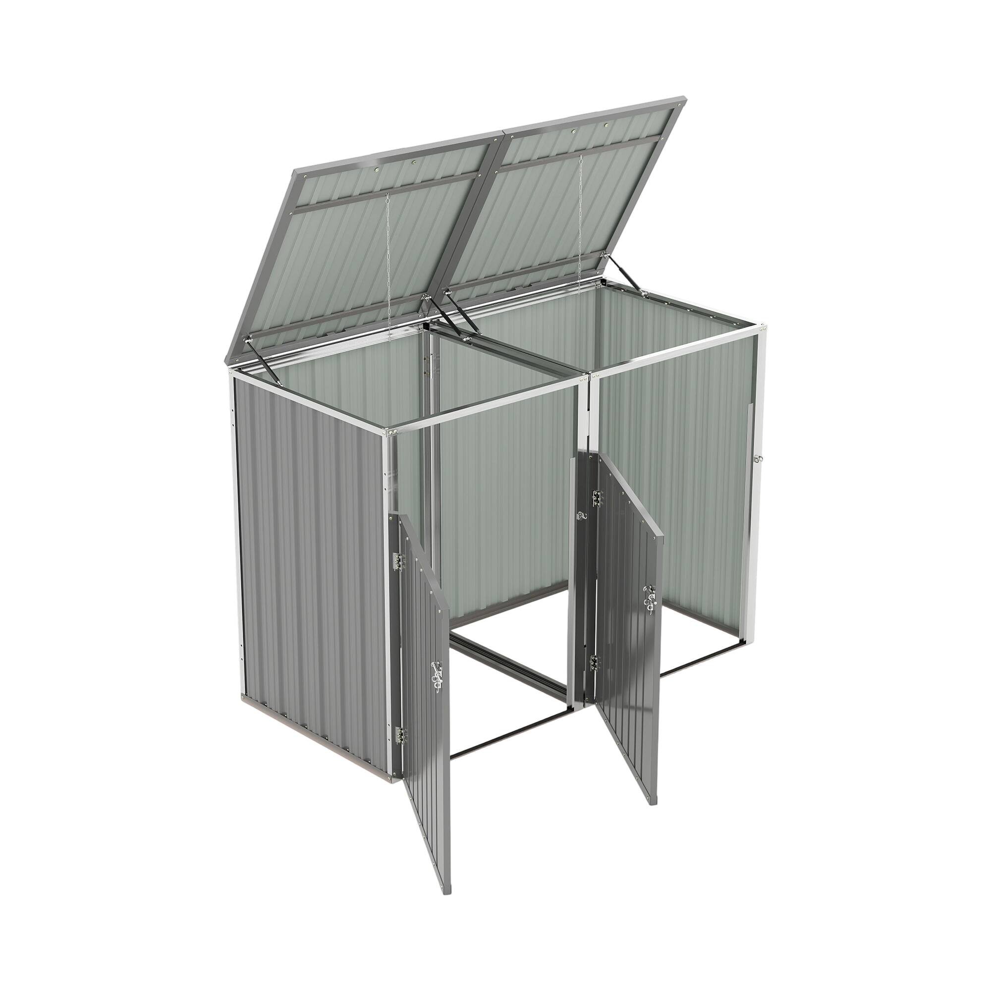 Alt View 6. Mondawe - 2 Trash Garbage Bin Shed Stores with Pneumatic Support Rod,Lockable Doors & Waterproof Lid Chain - Light Gray.