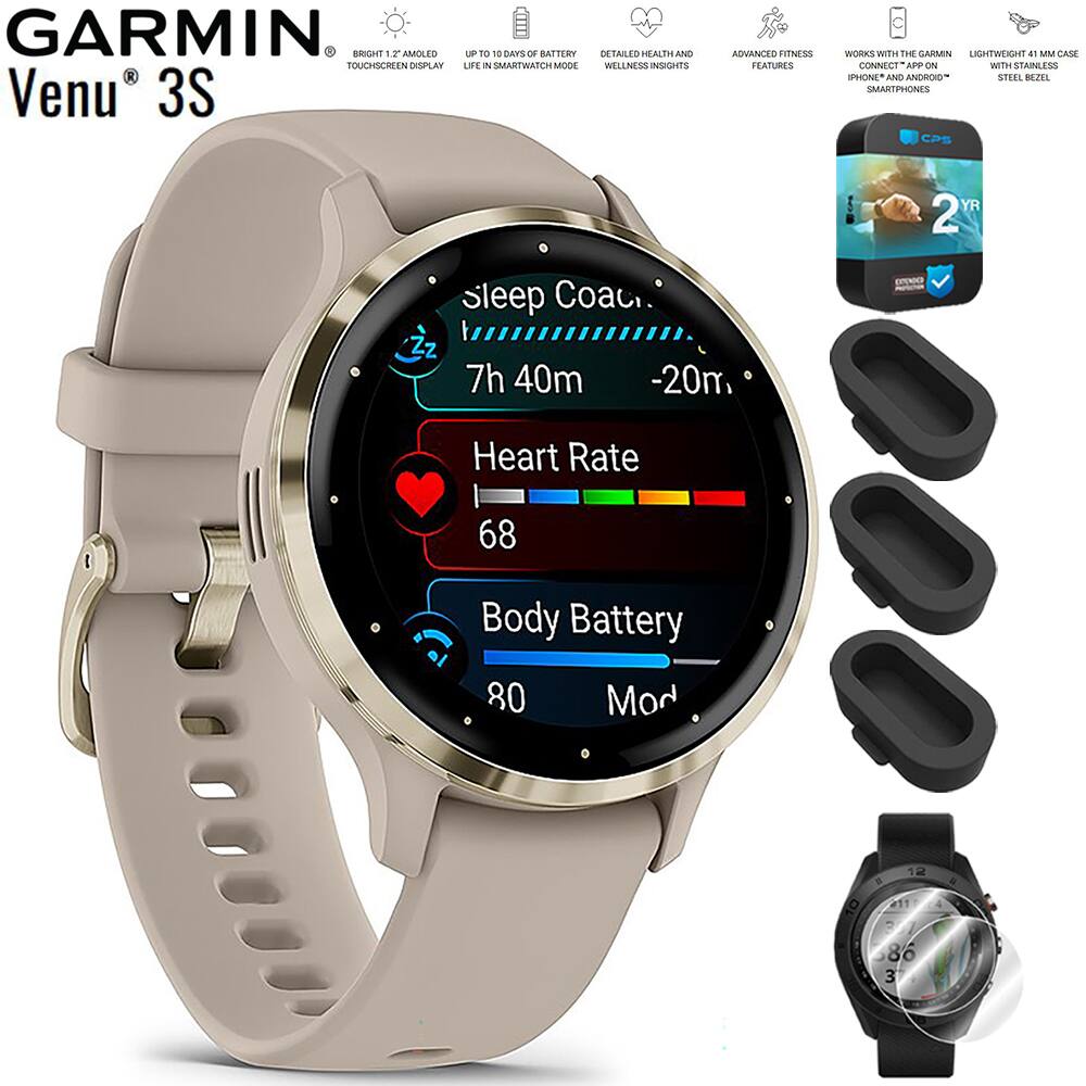 GARMIN
Venu 3S
- BRIGHT 1.2" AMOLED TOUCHSCREEN DISPLAY
- UP TO 10 DAYS OF BATTERY LIFE IN SMARTWATCH MODE
- DETAILED HEALTH AND WELLNESS INSIGHTS
- ADVANCED FITNESS FEATURES
- WORKS WITH THE GARMIN LIGHTWEIGHT 41MM CASE CONNECTED WITH IPHONE AND ANDROID SMARTPHONES
- LIGHTWEIGHT 41MM CASE WITH STAINLESS STEEL BEZEL
Sleep Coach
7h 40m
-20m
Heart Rate
68
Body Battery
80
Mod
2 YR
CPS