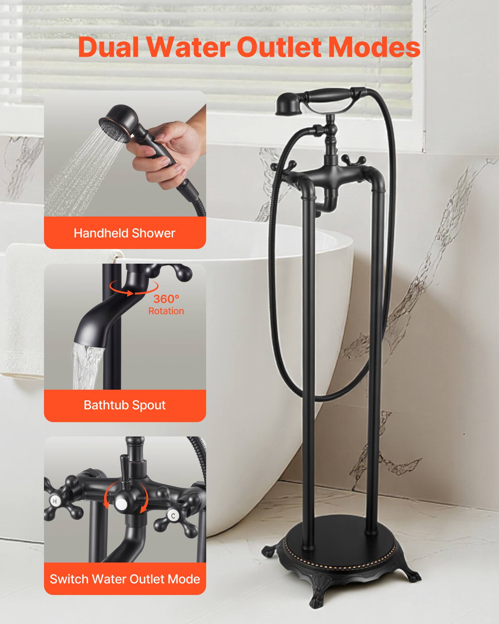 Dual Water Outlet Modes

- Handheld Shower
- 360° Rotation
- Bathtub Spout
- Switch Water Outlet Mode